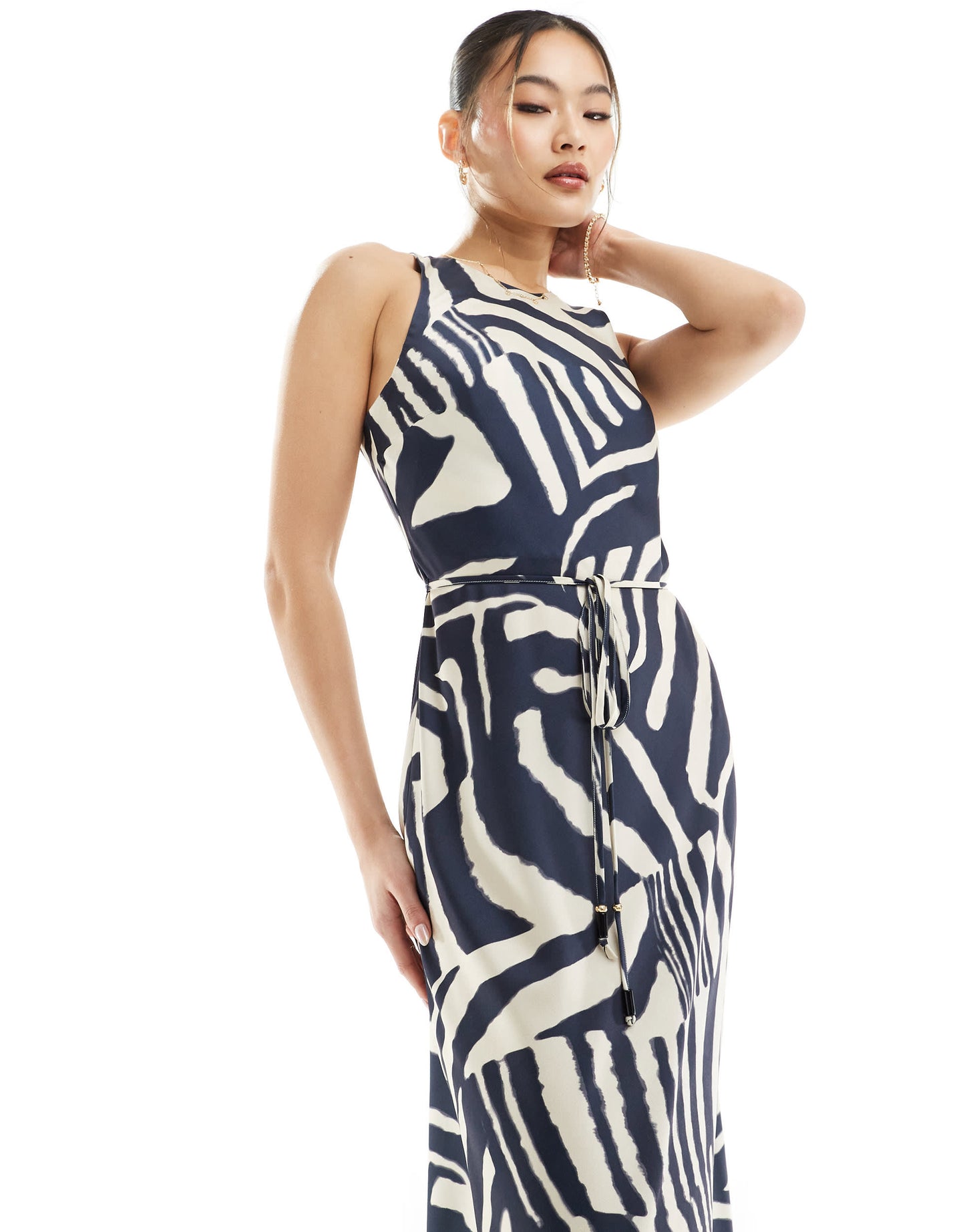 River Island zebra print racer bias midi dress in navy