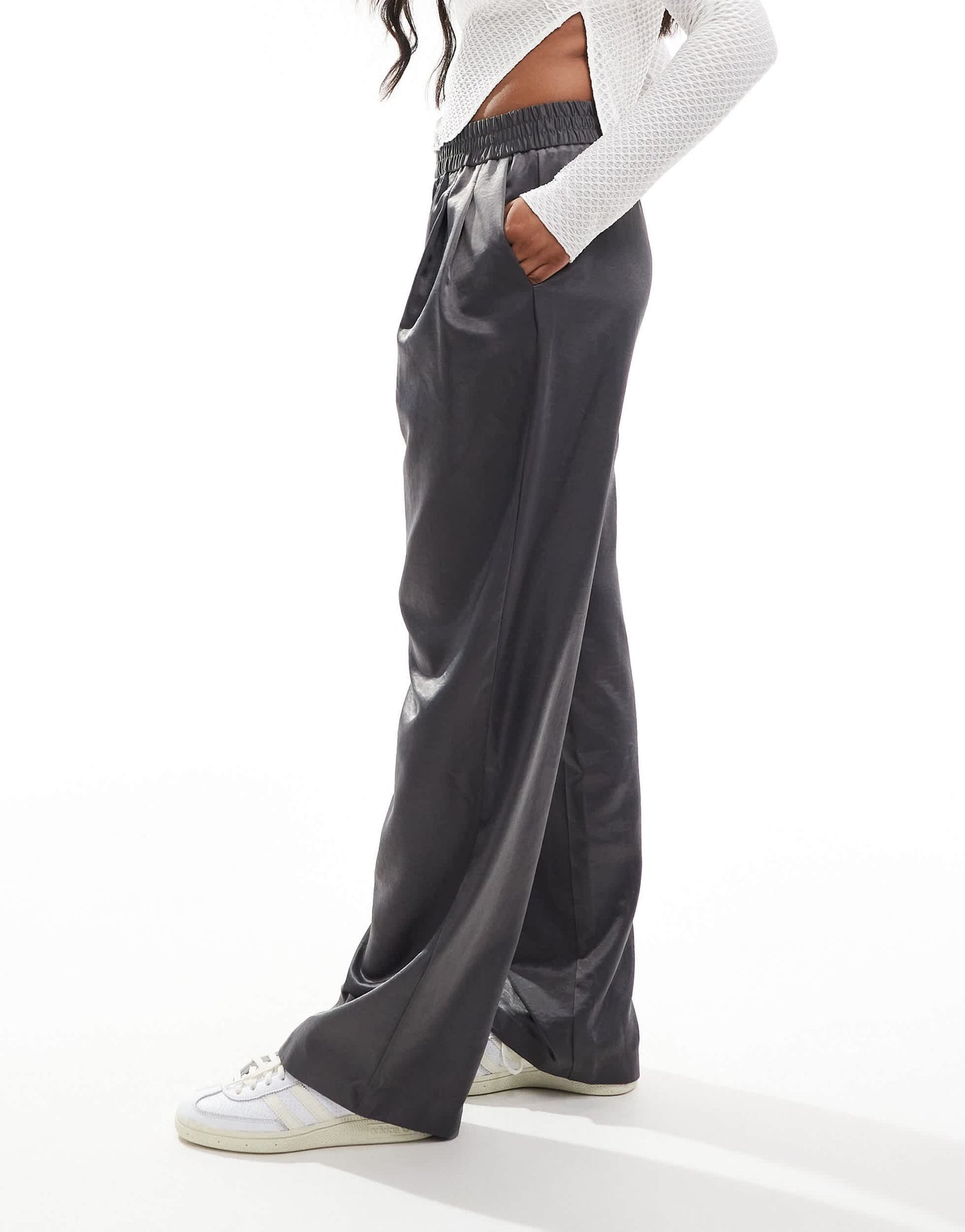 ASOS DESIGN satin pull on relaxed trouser in grey shimmer