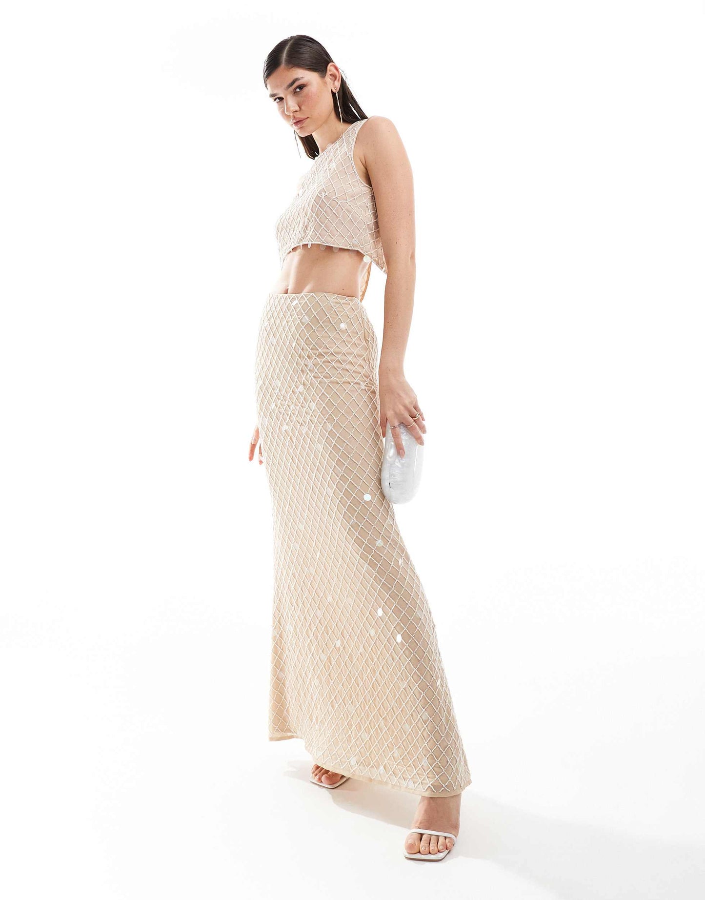 ASOS DESIGN premium embellished grid tank co-ord in cream