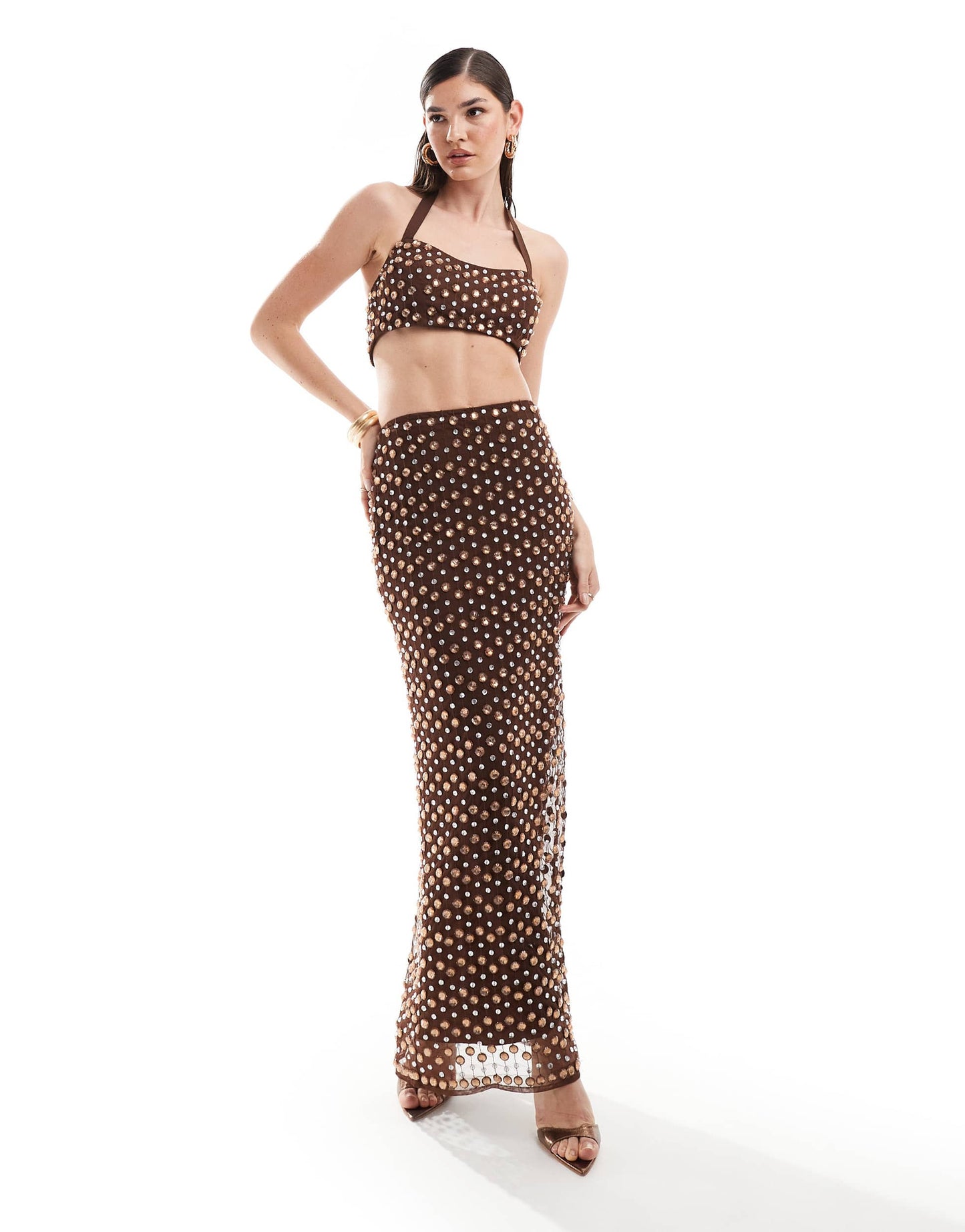 ASOS DESIGN premium embellished crop top co-ord in chocolate