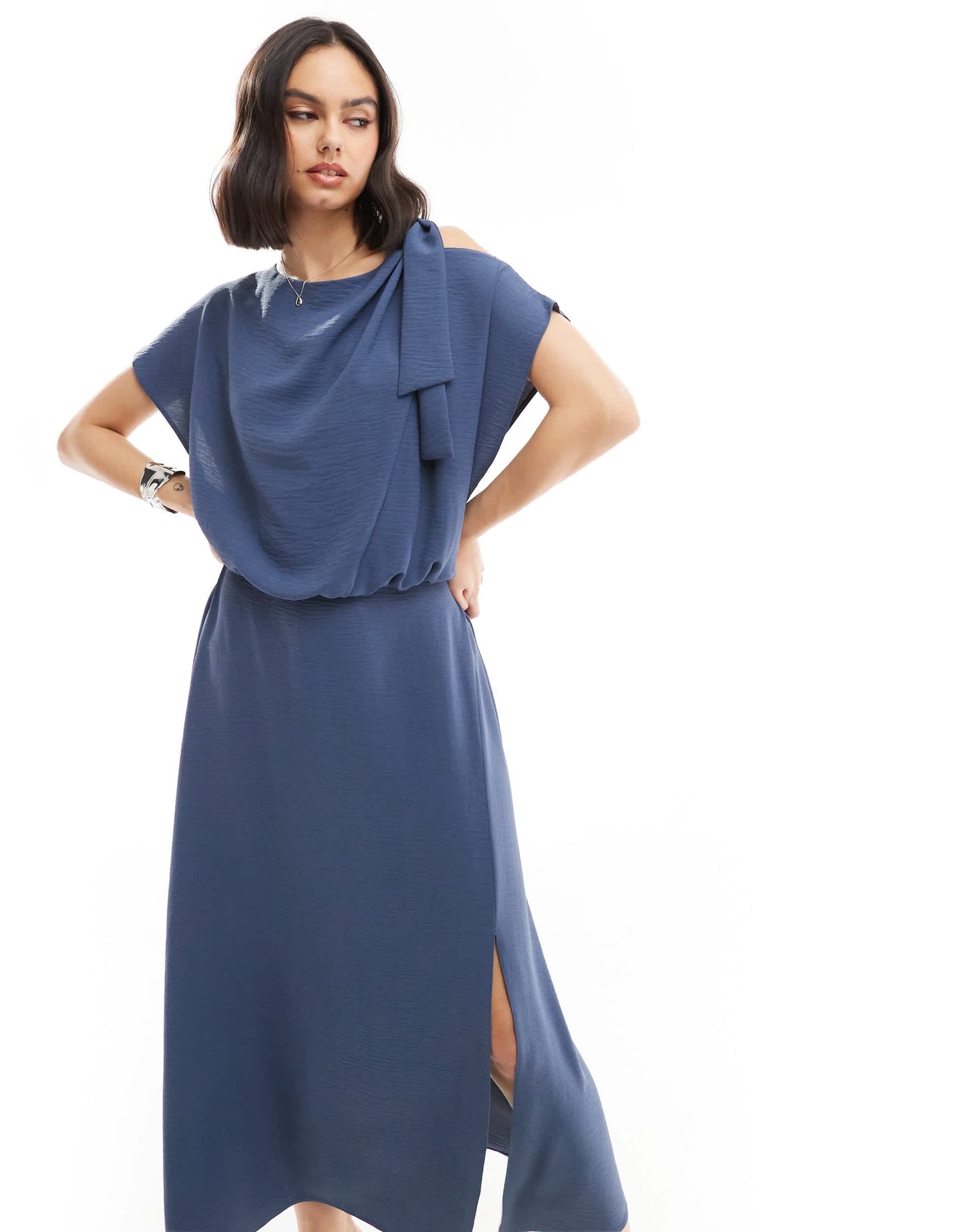 ASOS DESIGN tie shoulder blouson midi dress in denim blue