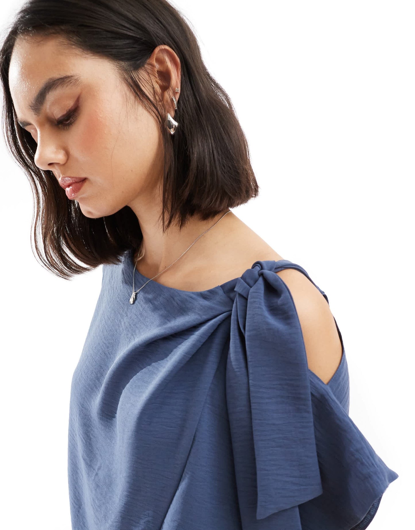 ASOS DESIGN tie shoulder blouson midi dress in denim blue