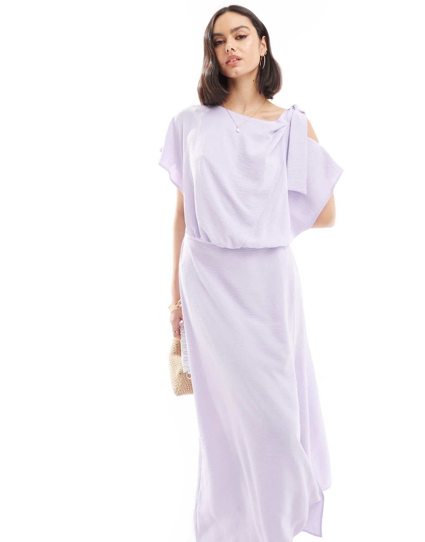ASOS DESIGN tie shoulder blouson midi dress in lilac