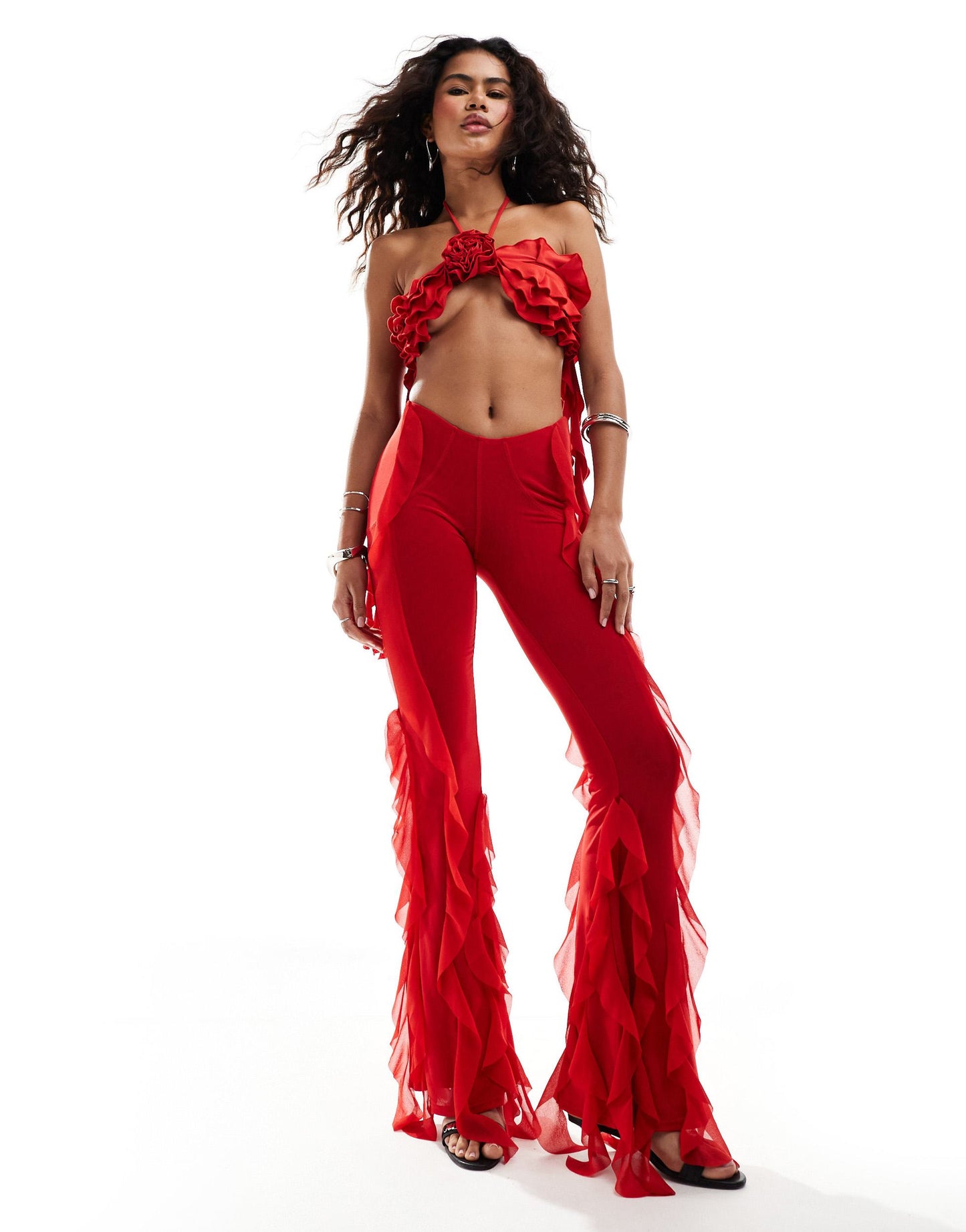 The Kript halter neck frill detail rose top co-ord in red