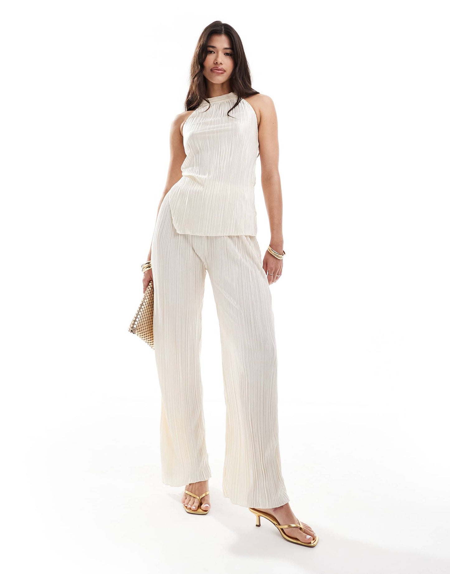 In The Style x Perrie Sian plisse wide leg trousers co-ord in cream