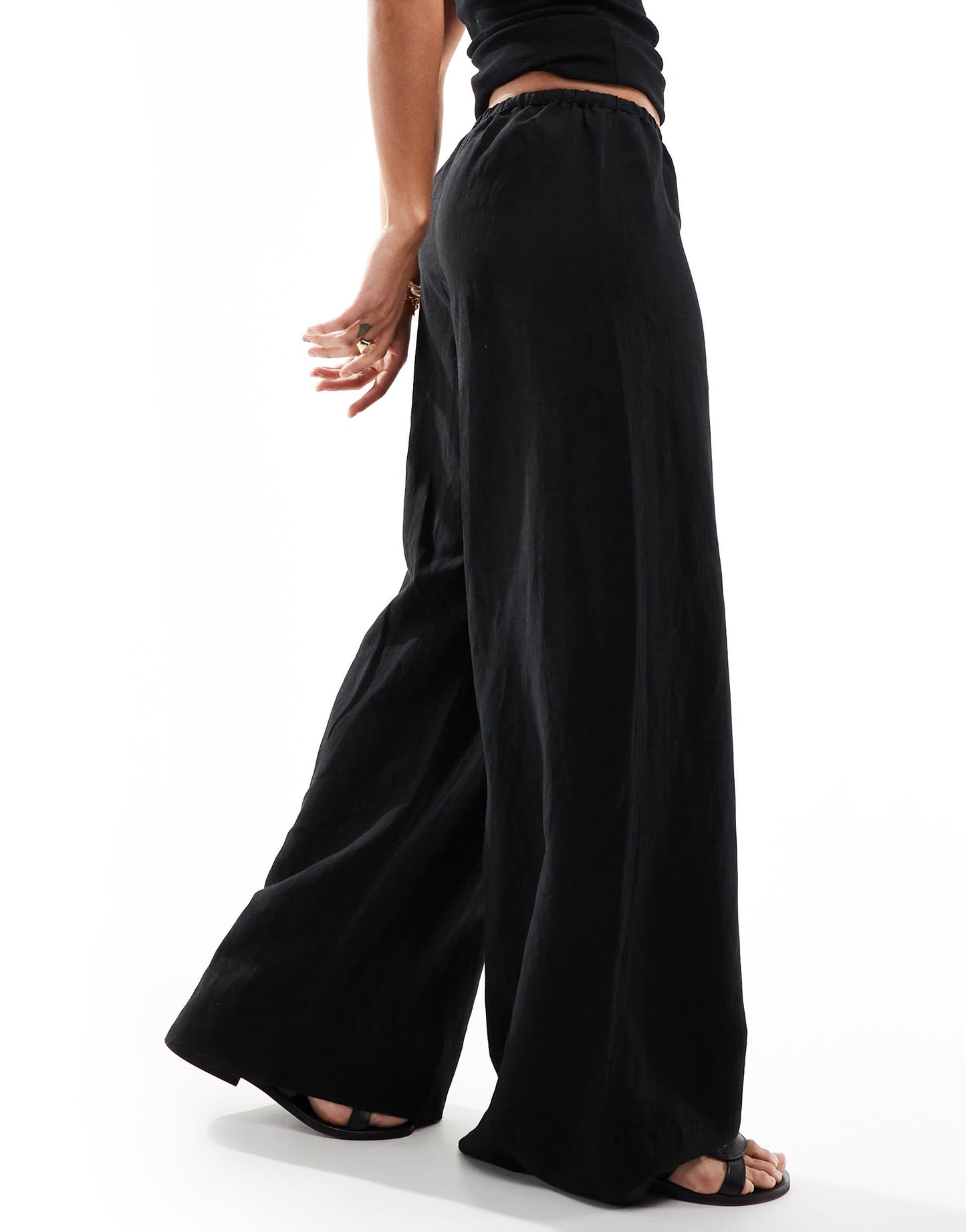 & Other Stories linen blend wide leg trousers with drawstring waist in black