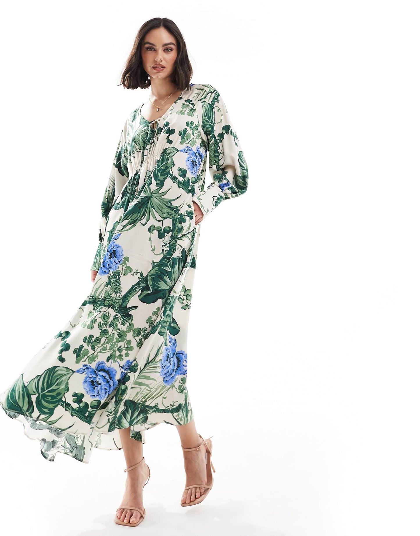 & Other Stories maxi dress with tie front v-neckline and long sleeves in floral leaf print
