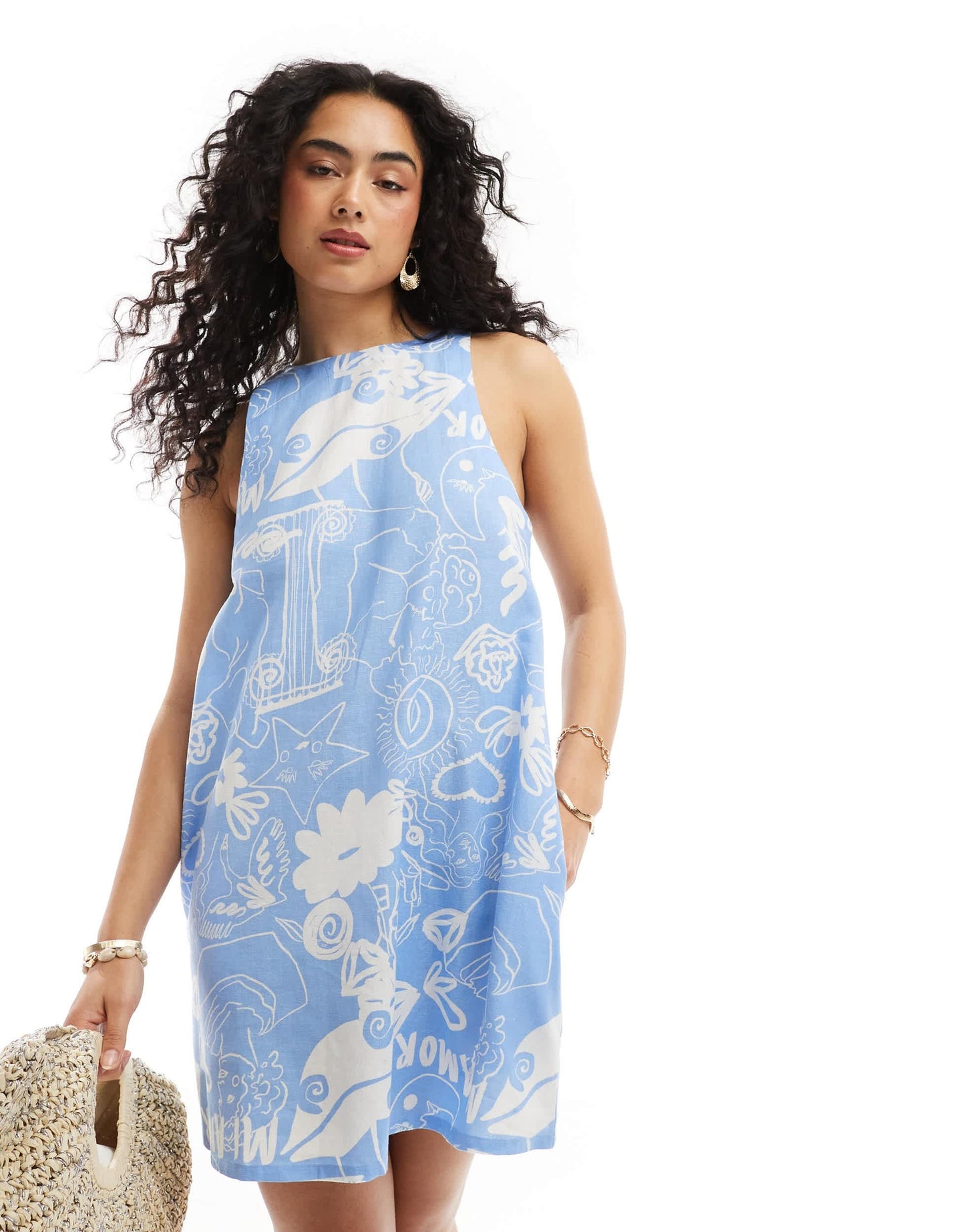 ASOS DESIGN cotton linen swing racer mini dress abstract print