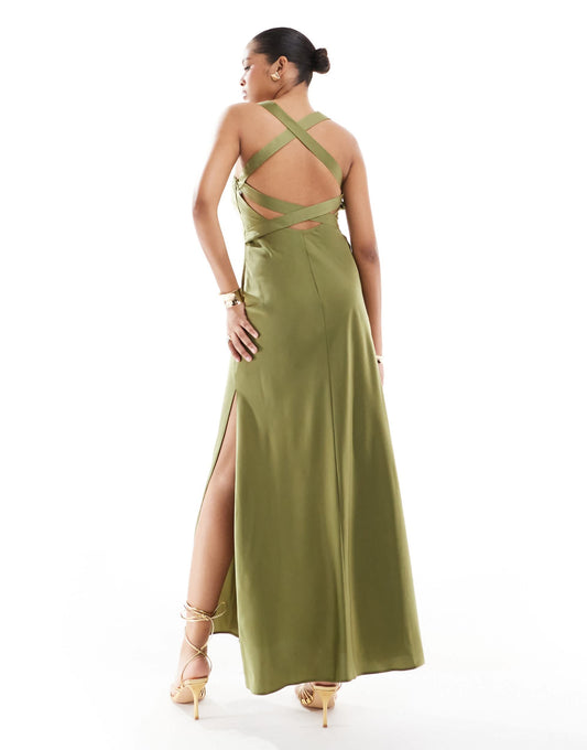 ASOS DESIGN satin wide neck cross back strap maxi dress in olive green
