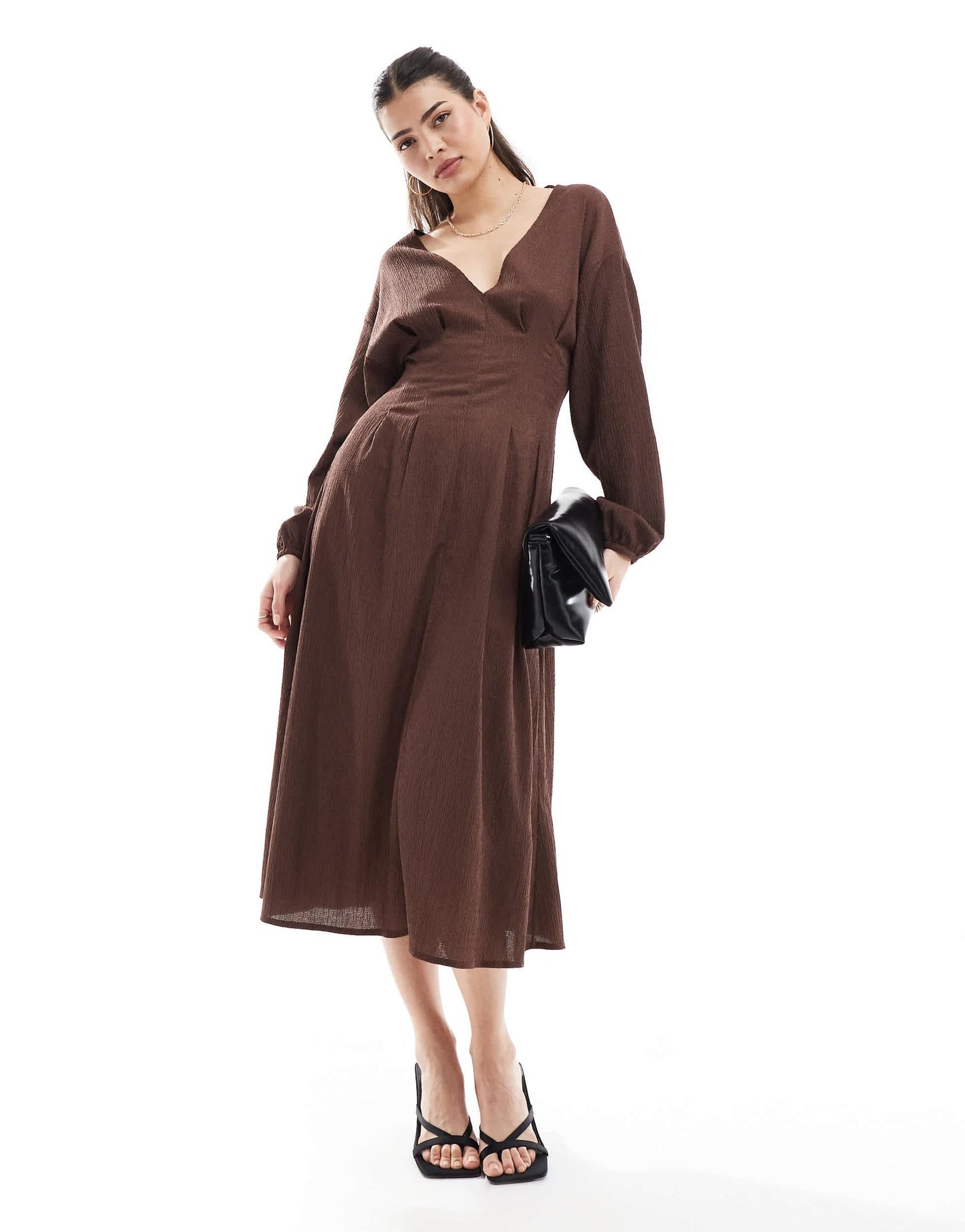 ASOS DESIGN textured balloon sleeve midi dress in chocolate