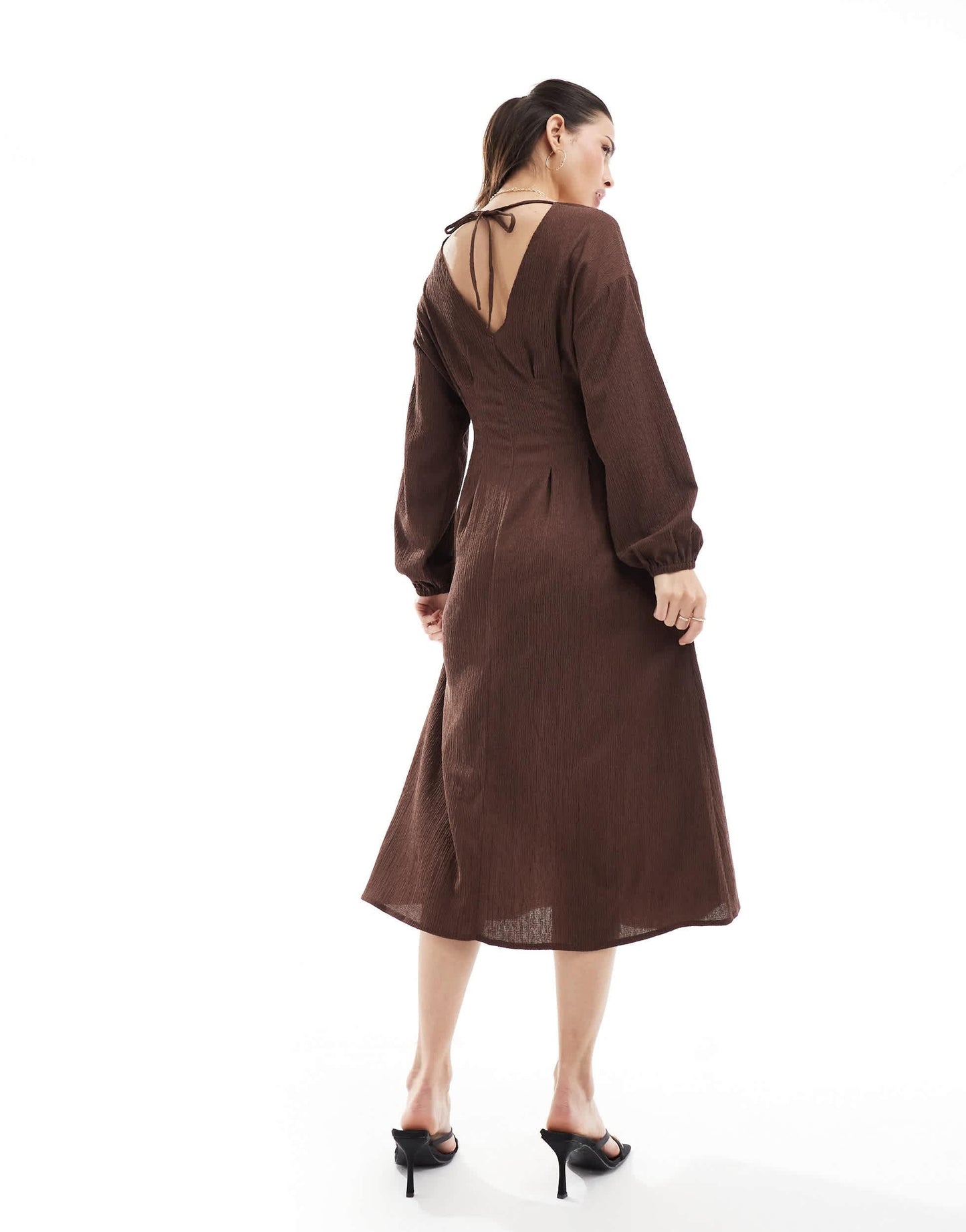 ASOS DESIGN textured balloon sleeve midi dress in chocolate