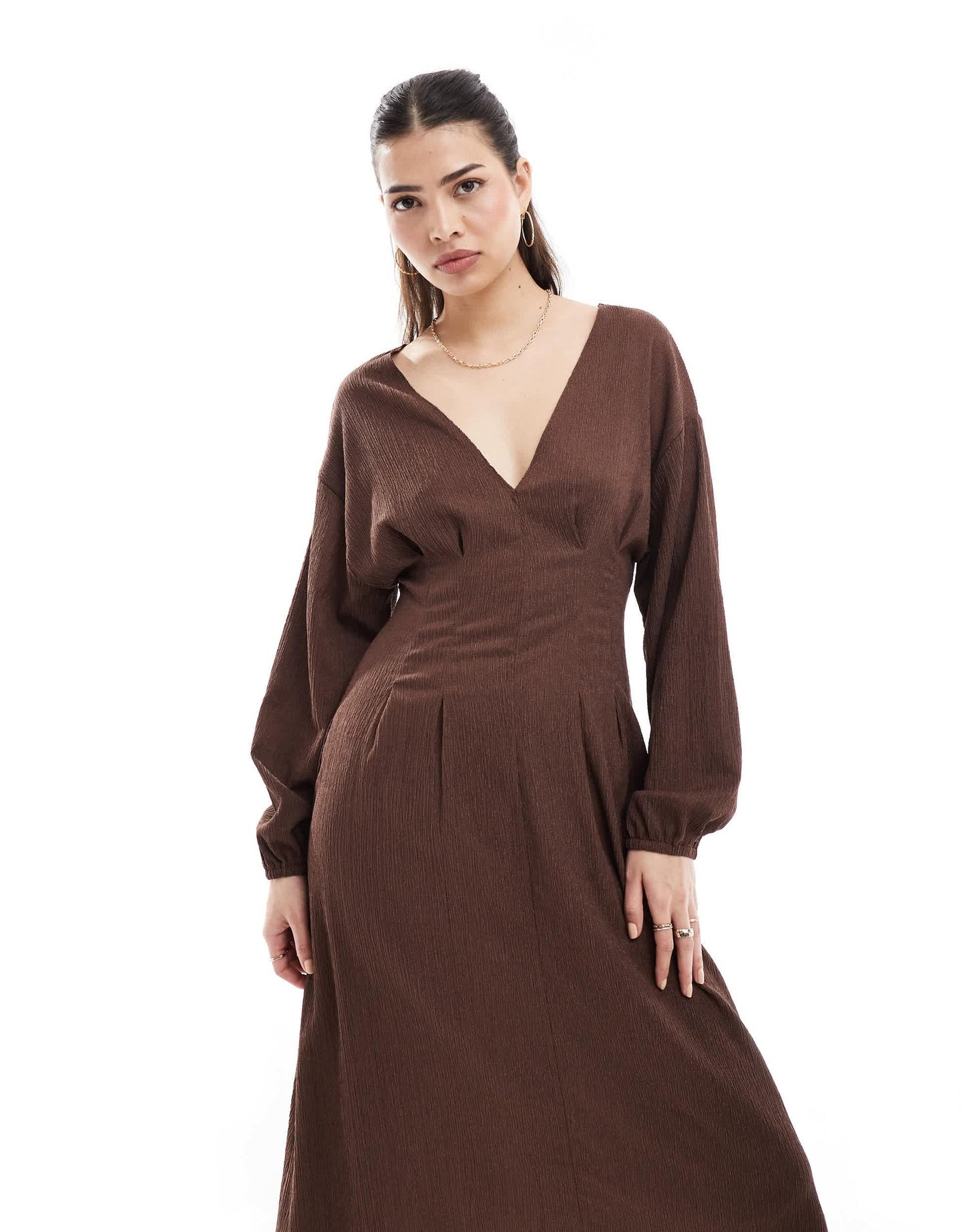 ASOS DESIGN textured balloon sleeve midi dress in chocolate