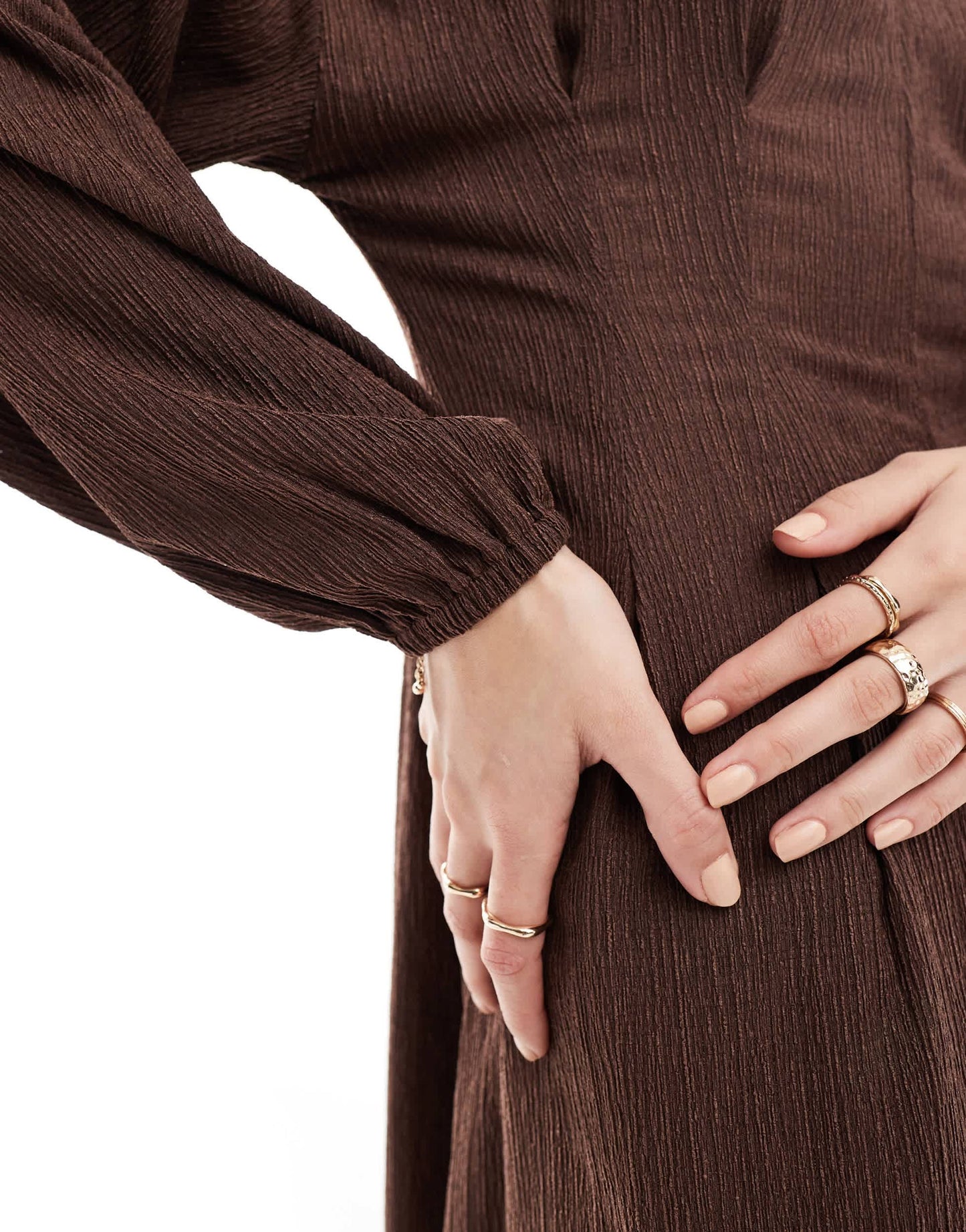 ASOS DESIGN textured balloon sleeve midi dress in chocolate
