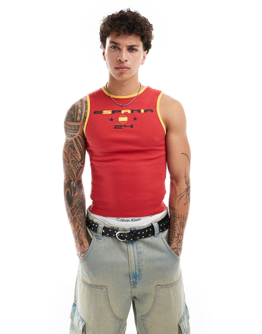 COLLUSION festival vintage sports vest in red with Espania print