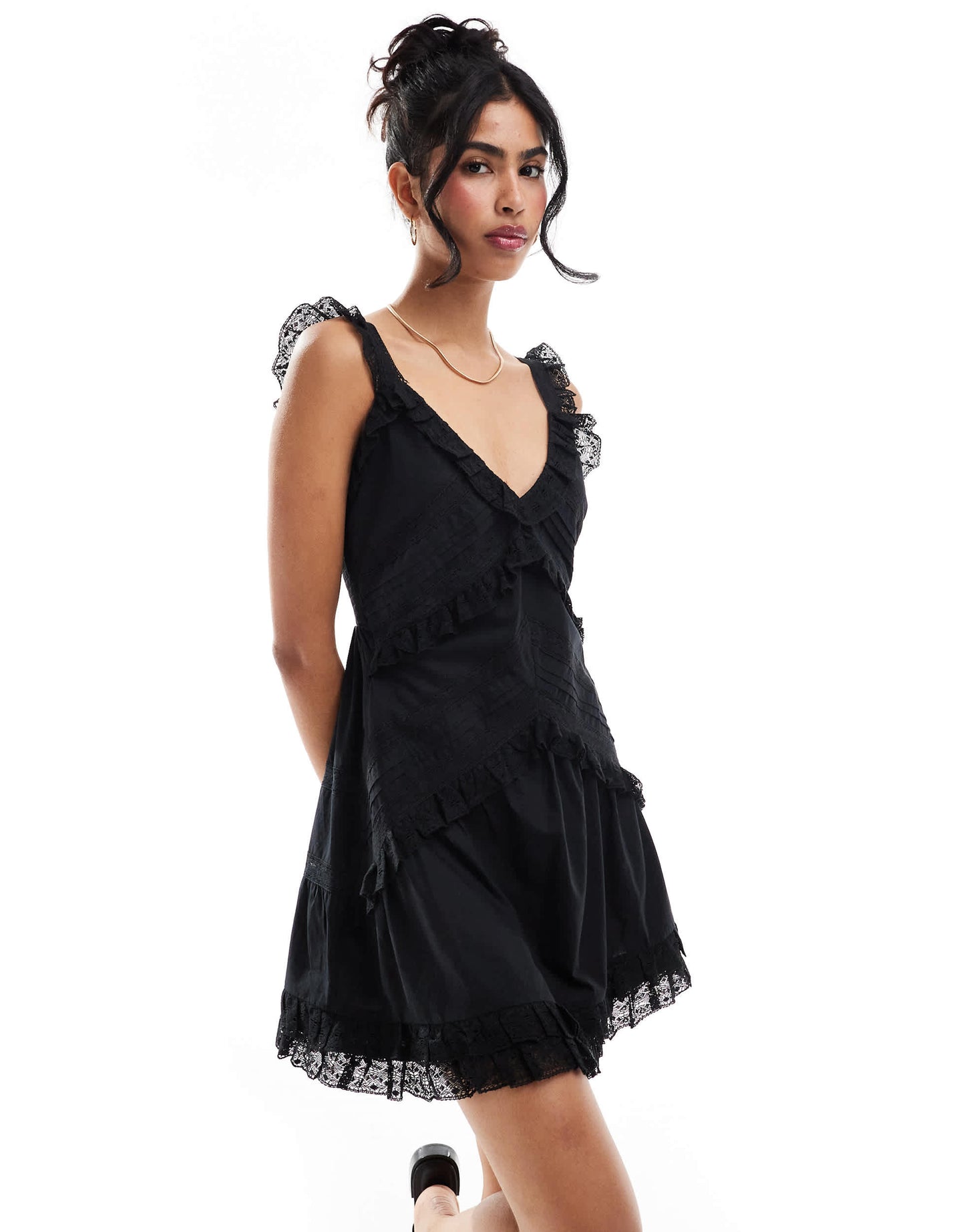Miss Selfridge lace trim insert strappy tiered mini dress in black