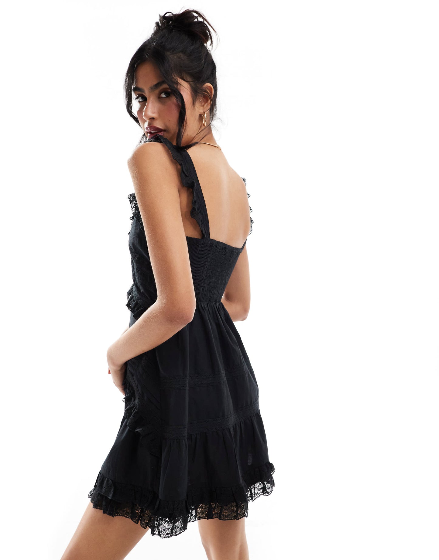 Miss Selfridge lace trim insert strappy tiered mini dress in black