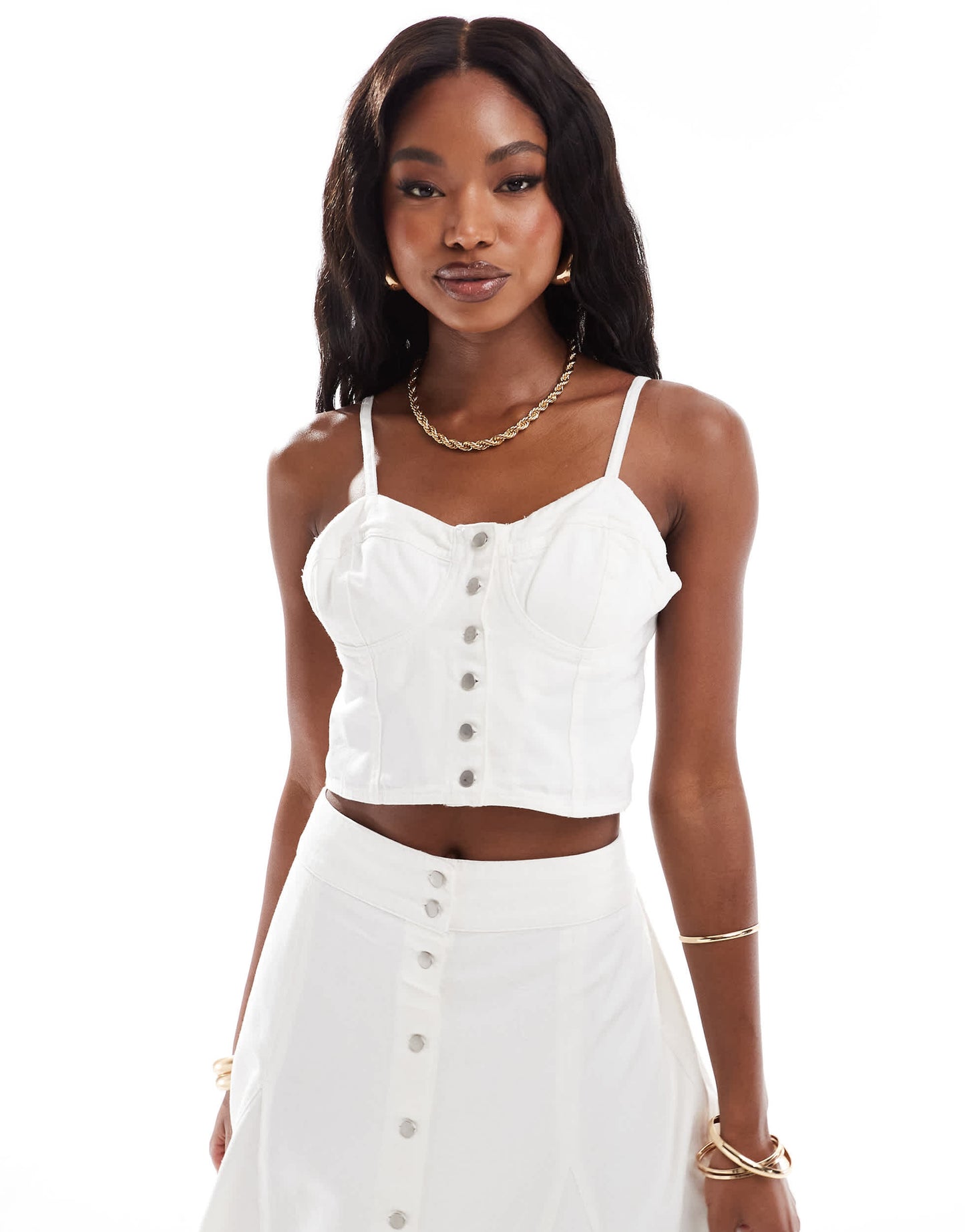 River Island denim crop cami top co-ord in white