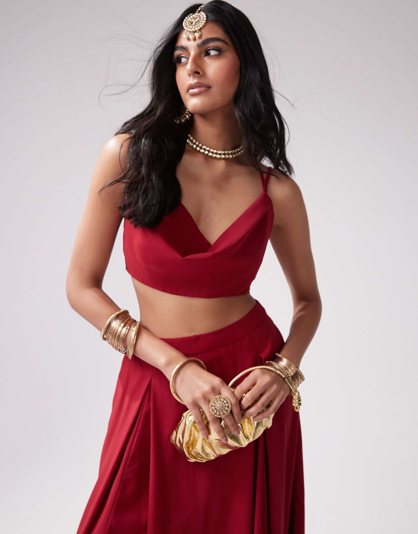 Kanya London chiffon spaghetti strap cowl neck top co-ord in deep red