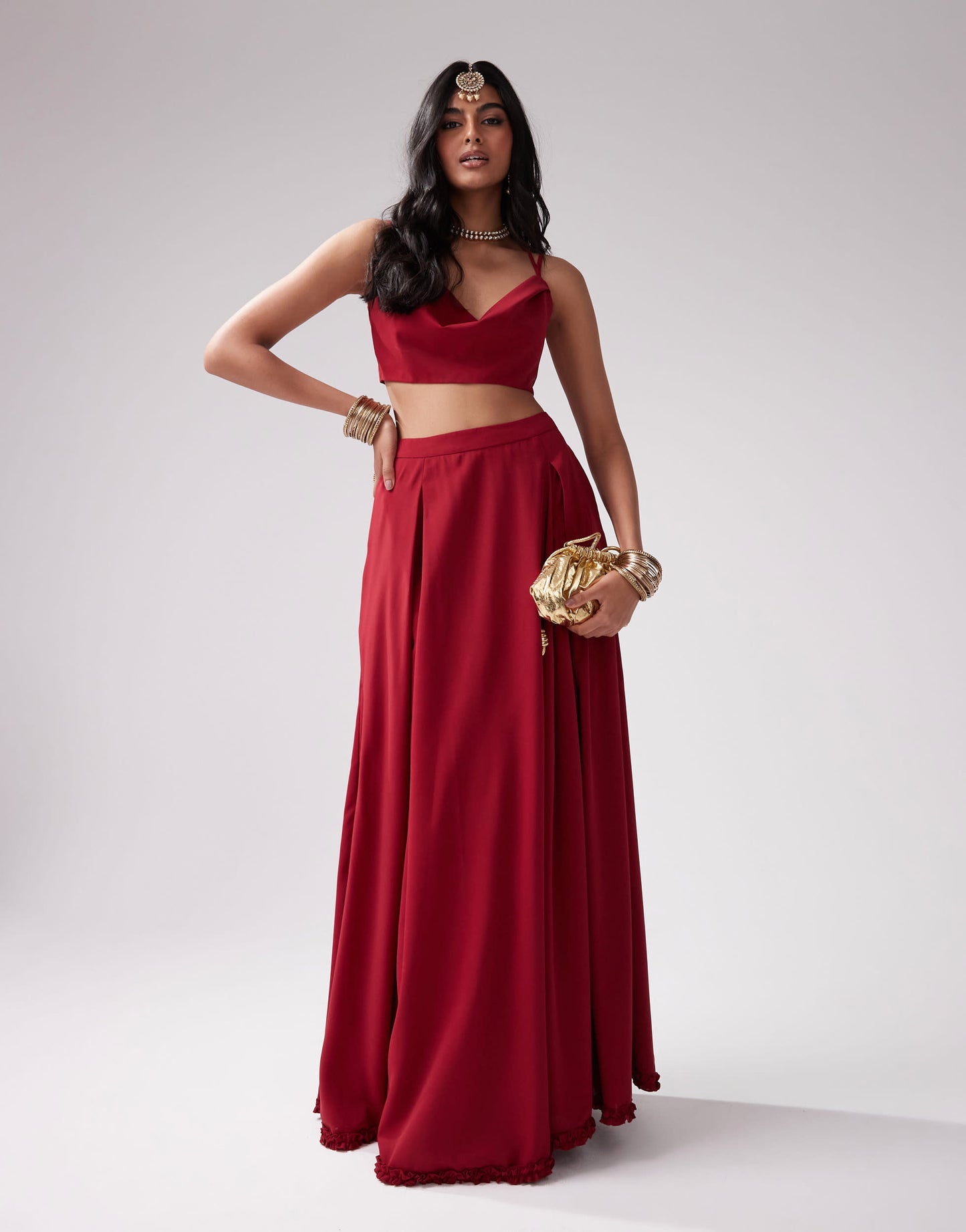 Kanya London chiffon spaghetti strap cowl neck top co-ord in deep red