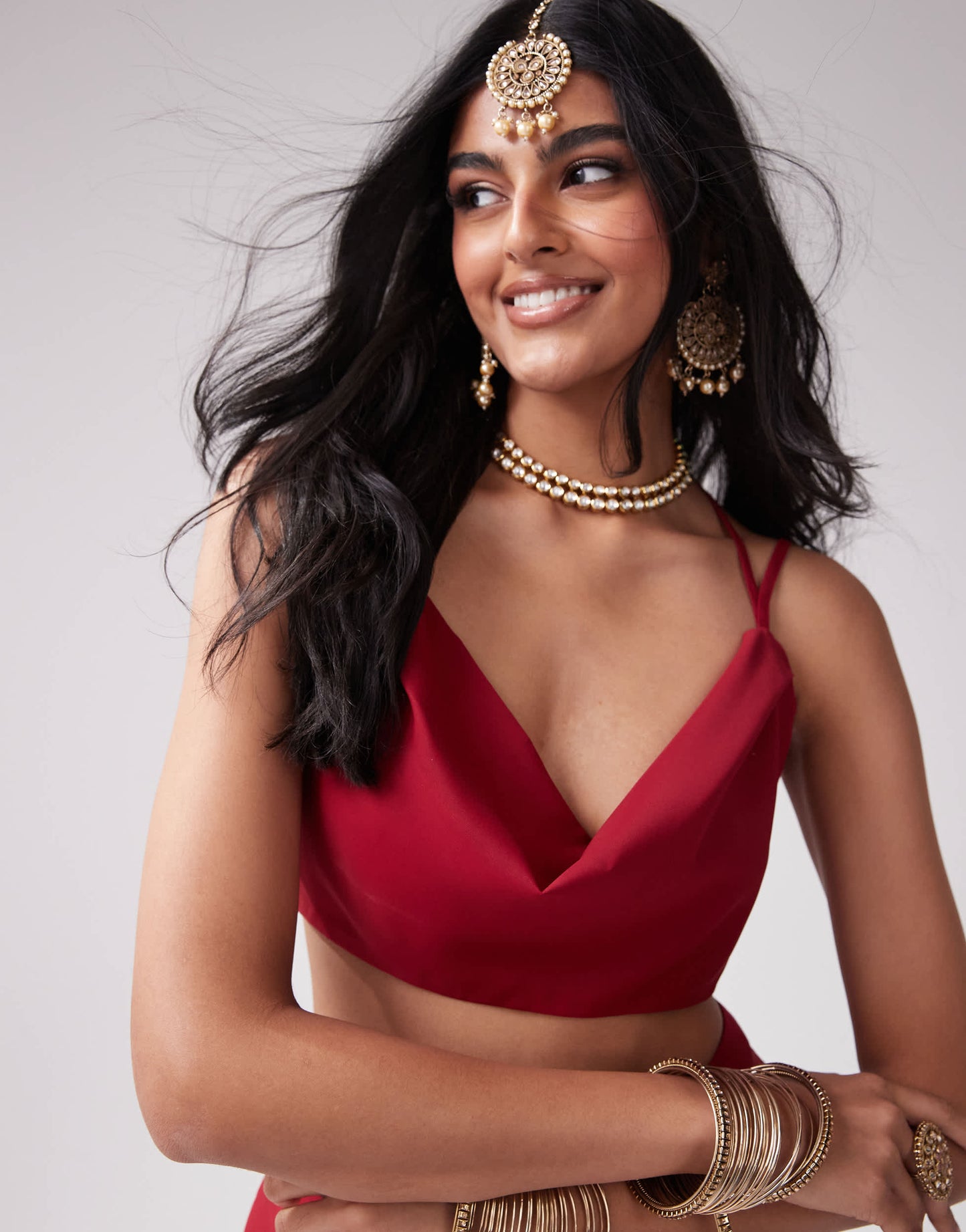 Kanya London chiffon spaghetti strap cowl neck top co-ord in deep red