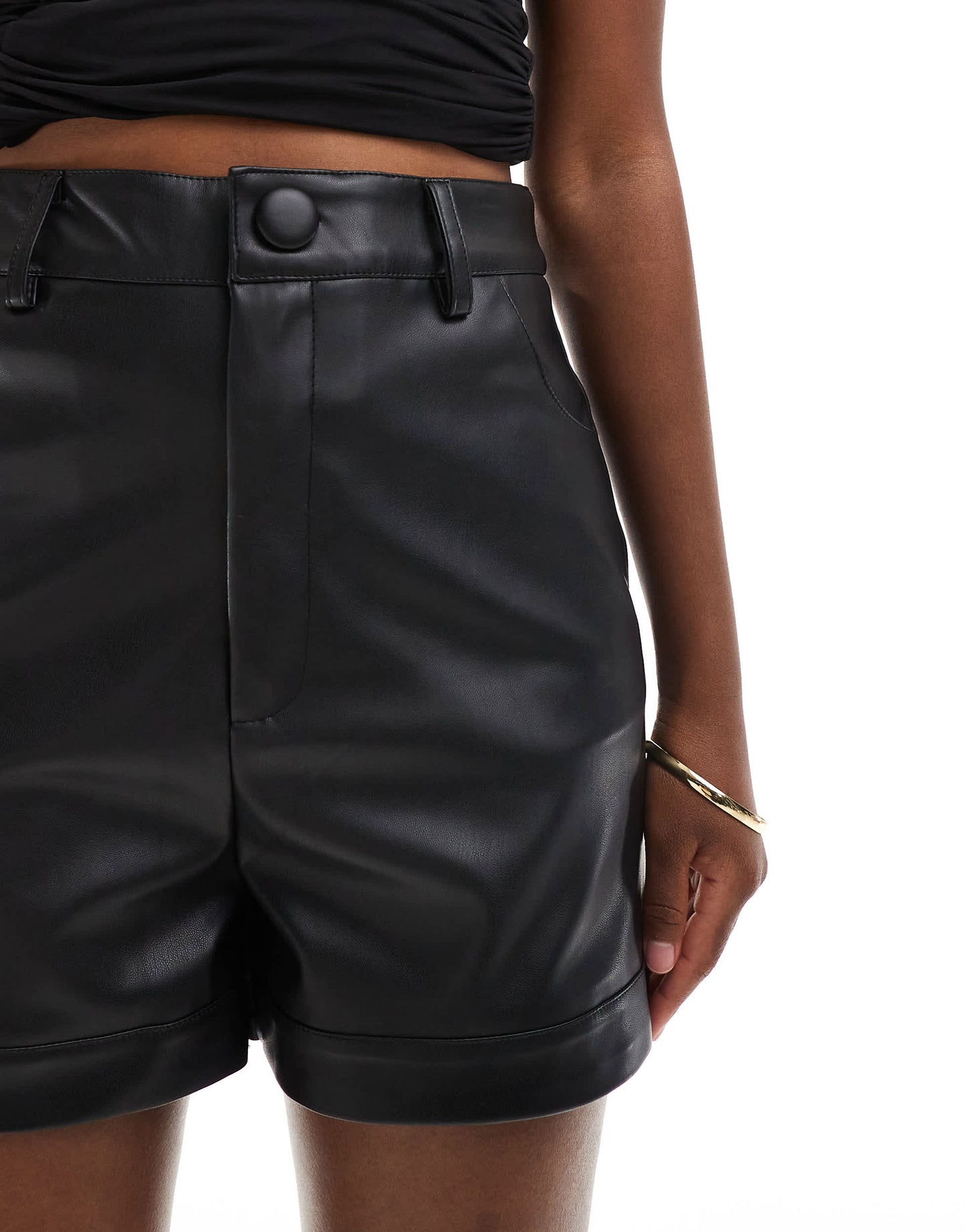 In The Style leather look turn up shorts in black