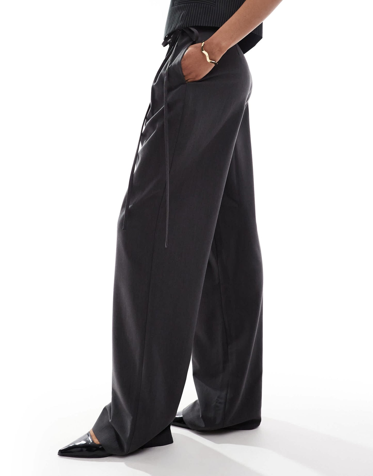 ASOS DESIGN Tall tailored wide leg trousers with wrap tie detail in grey