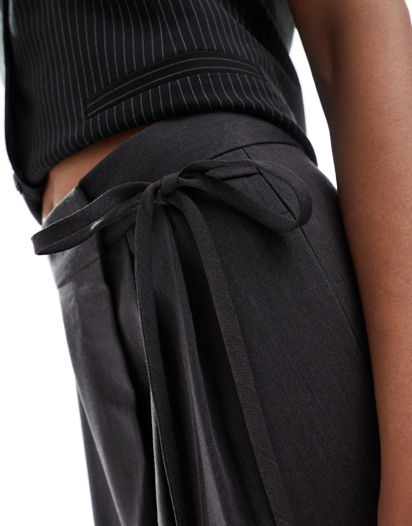 ASOS DESIGN Tall tailored wide leg trousers with wrap tie detail in grey