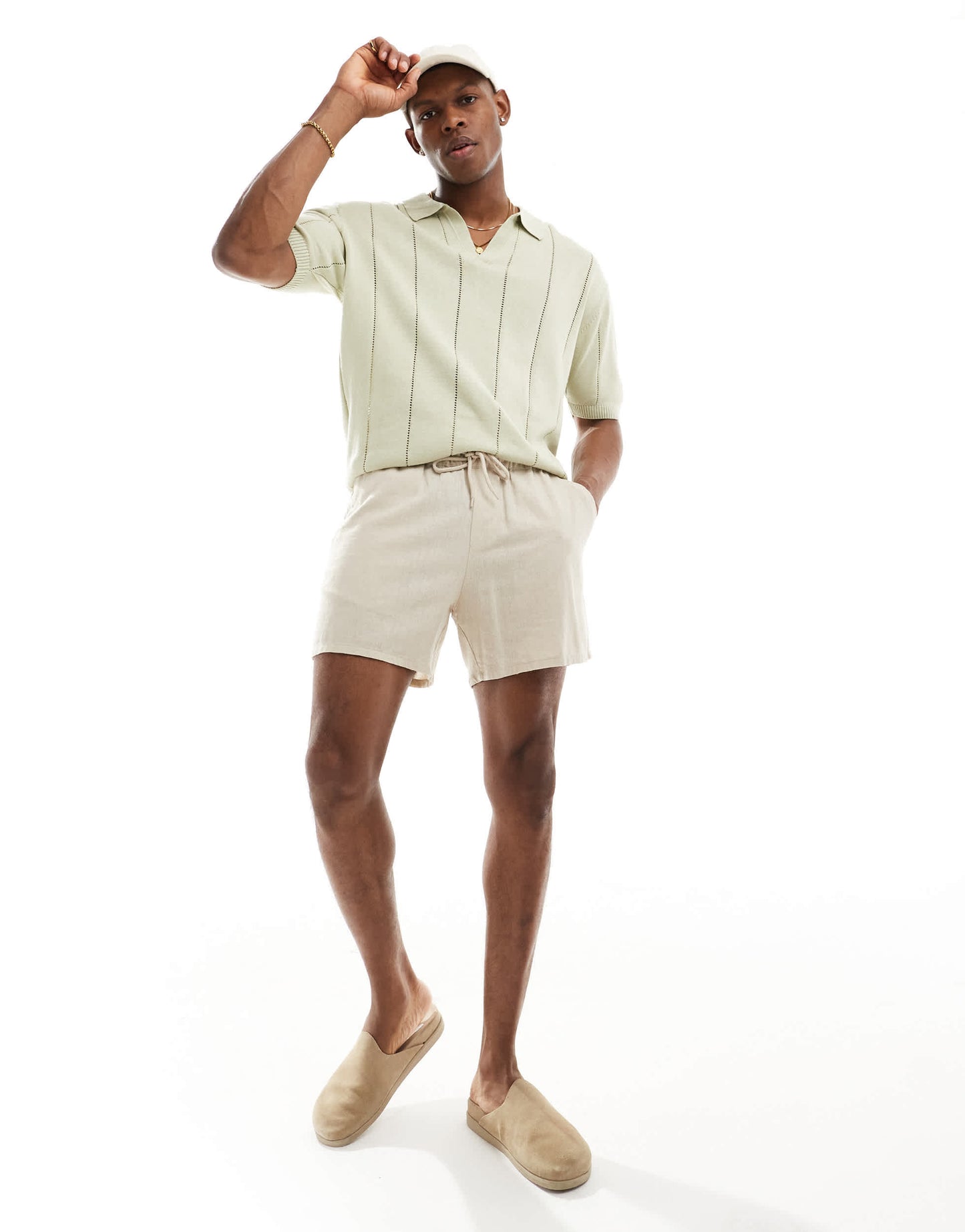 Bershka textured knitted polo shirt in sage
