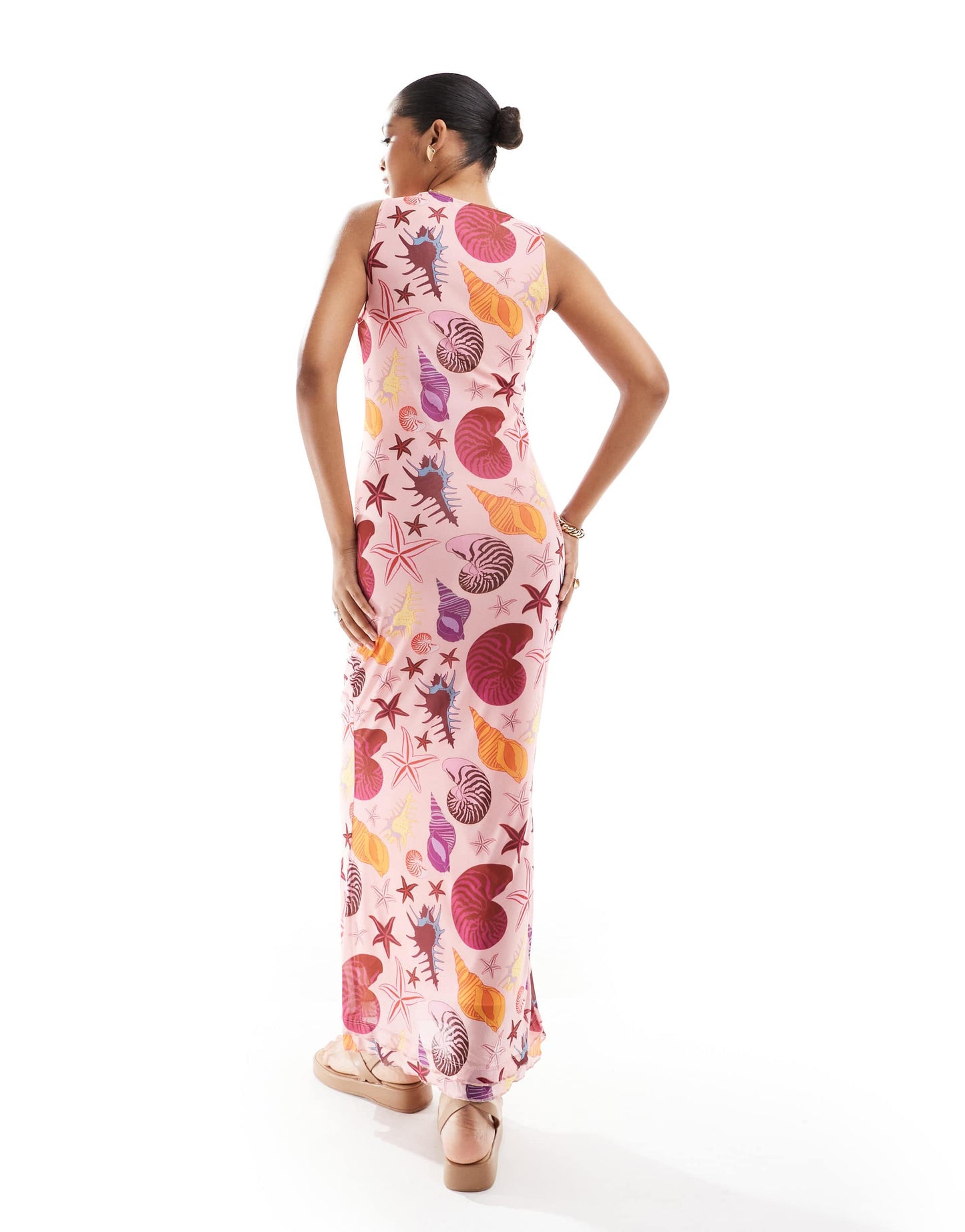 Vero Moda sleeveless lettuce edge mesh maxi dress in pink shell print