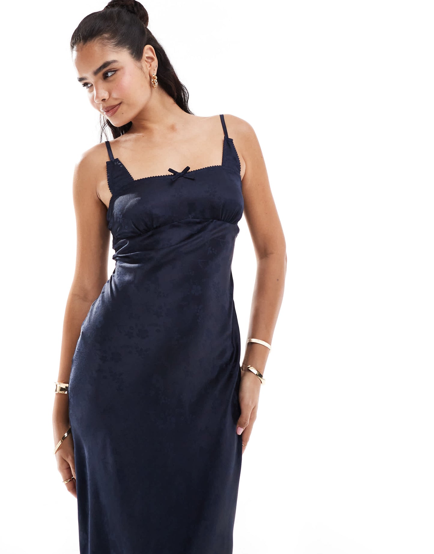 ASOS DESIGN jacquard bra detail ruched bust cami midi slip dress in navy