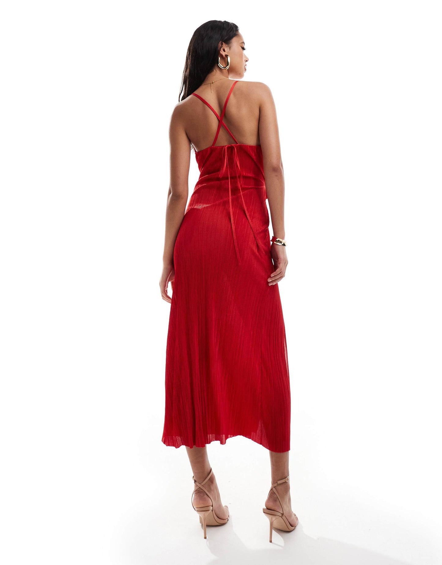 ASOS DESIGN plisse maxi cami dress with waterfall corsage front in red
