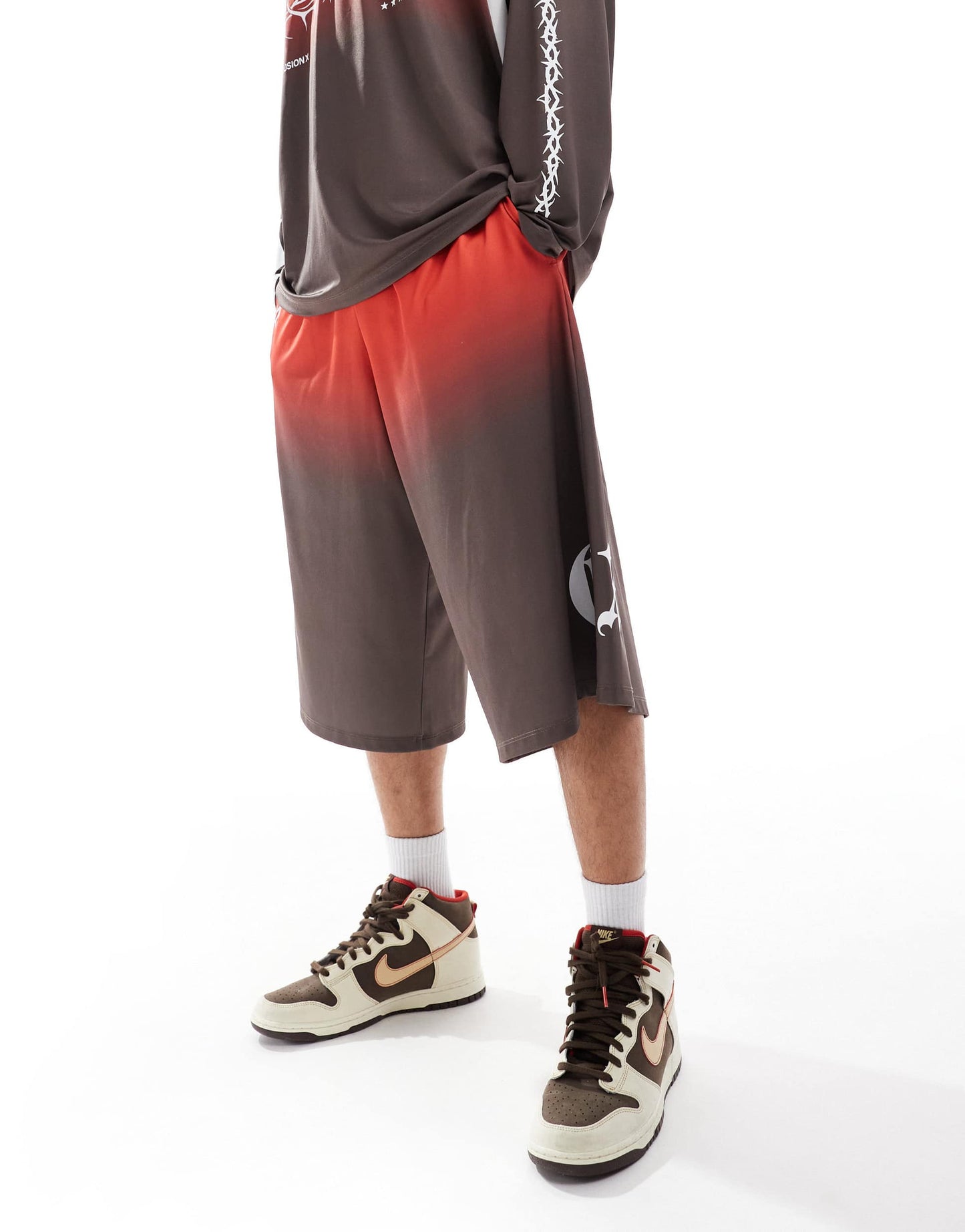 COLLUSION long line track shorts co-ord in black and red