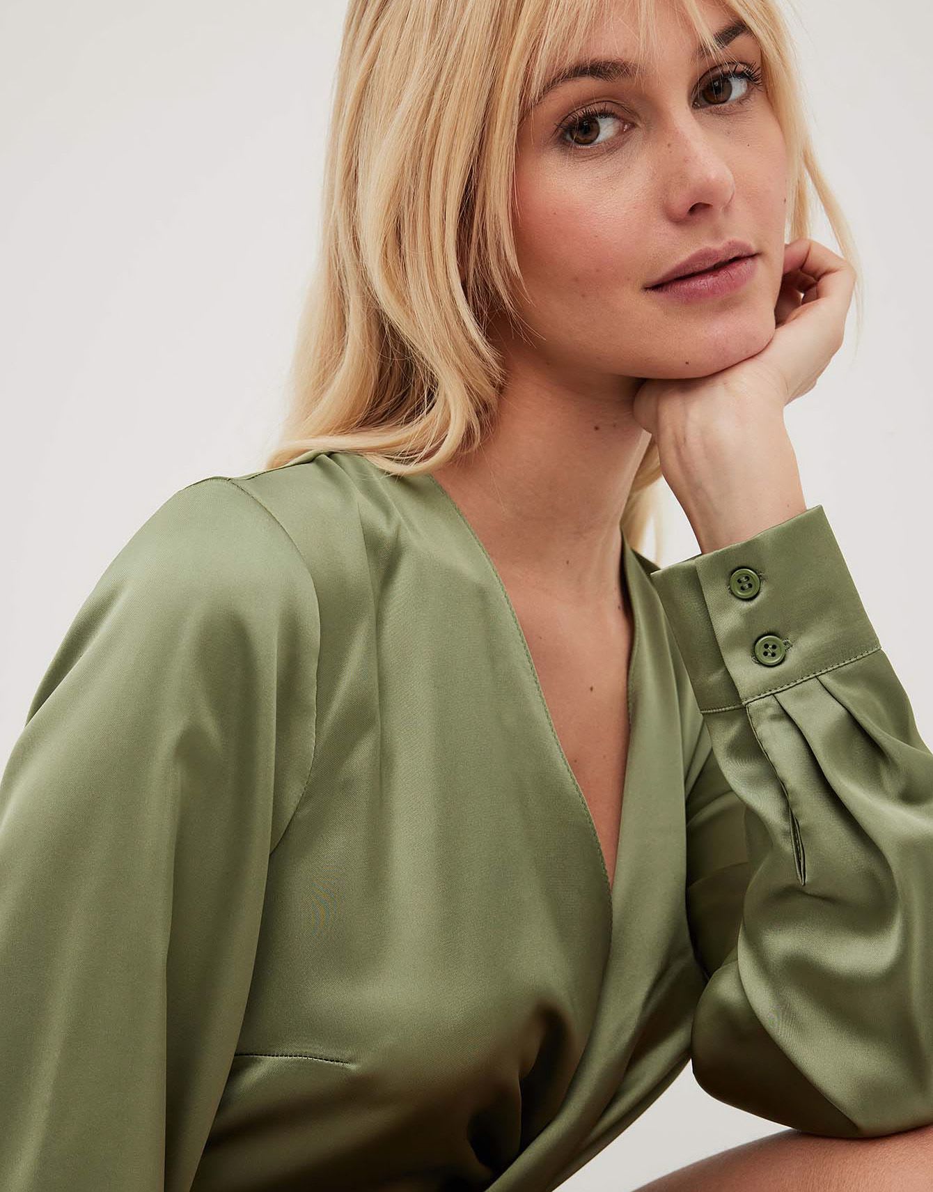NA-KD twist front satin mini dress in green