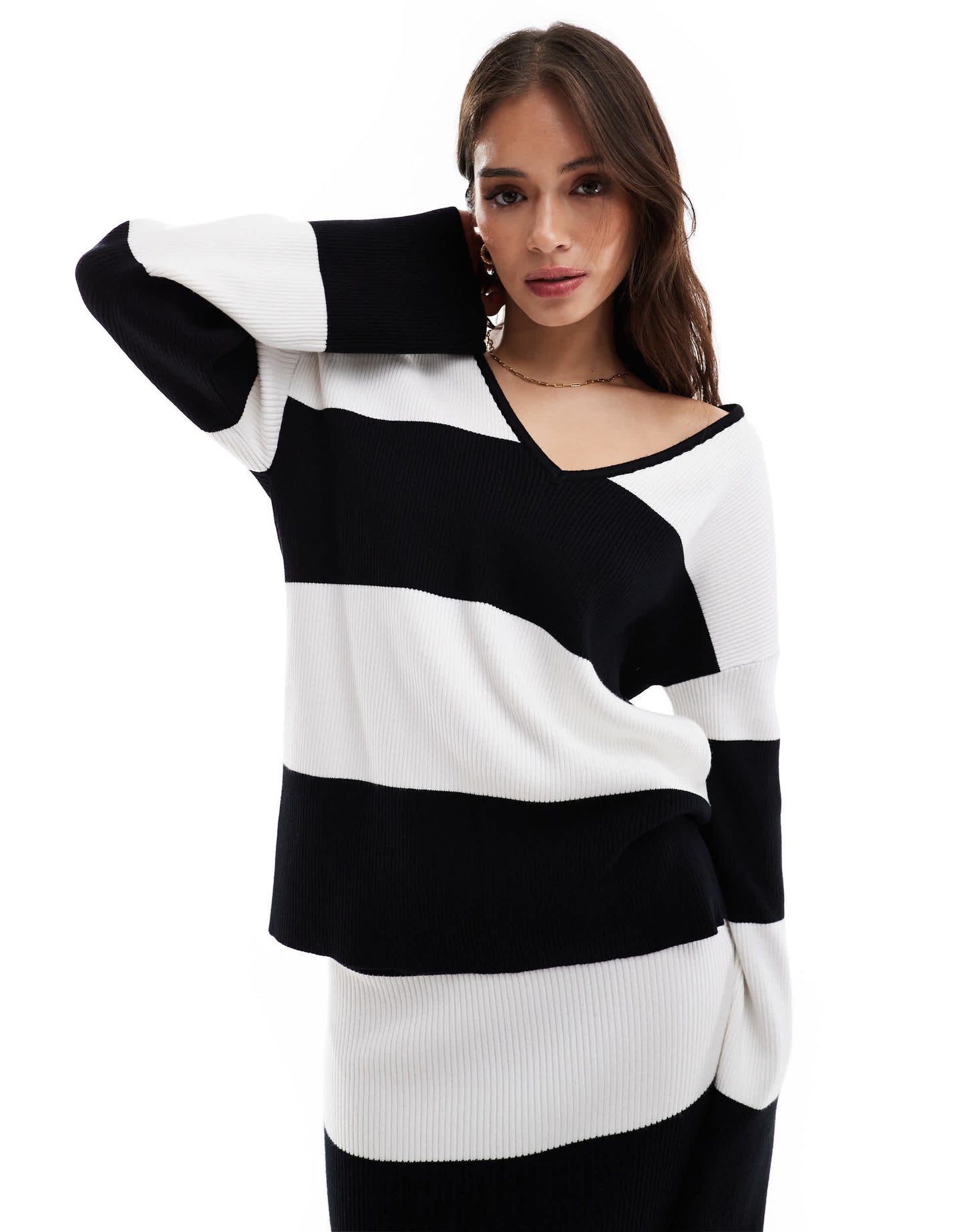 4th & Reckless v neck oversized jumper co-ord in black and white stripe