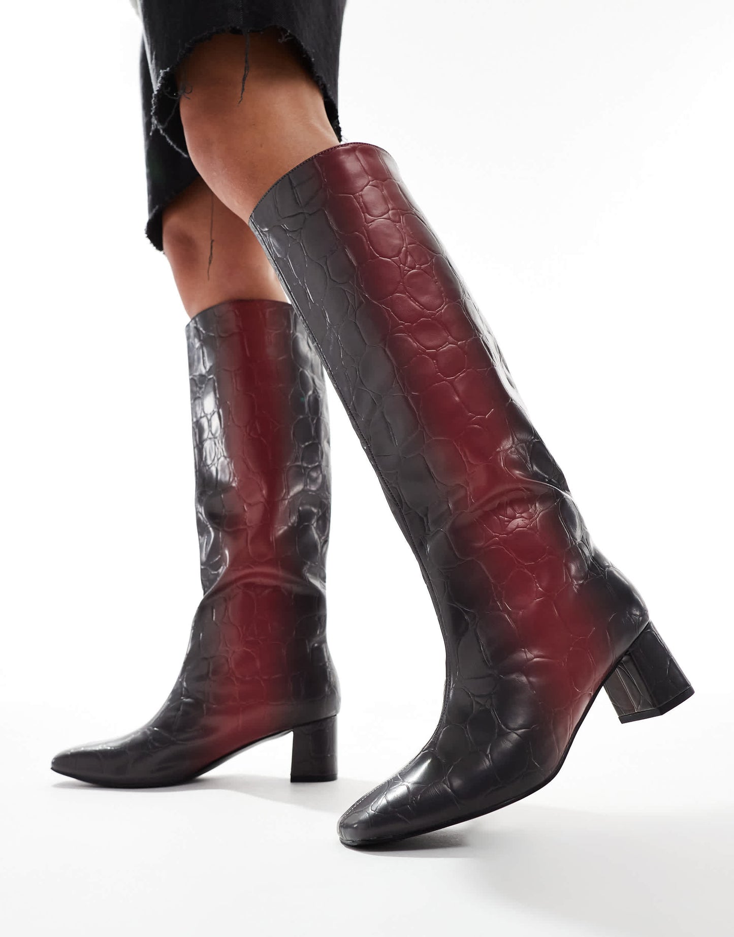 Public Desire Tamira block heel knee boots in red ombre croc
