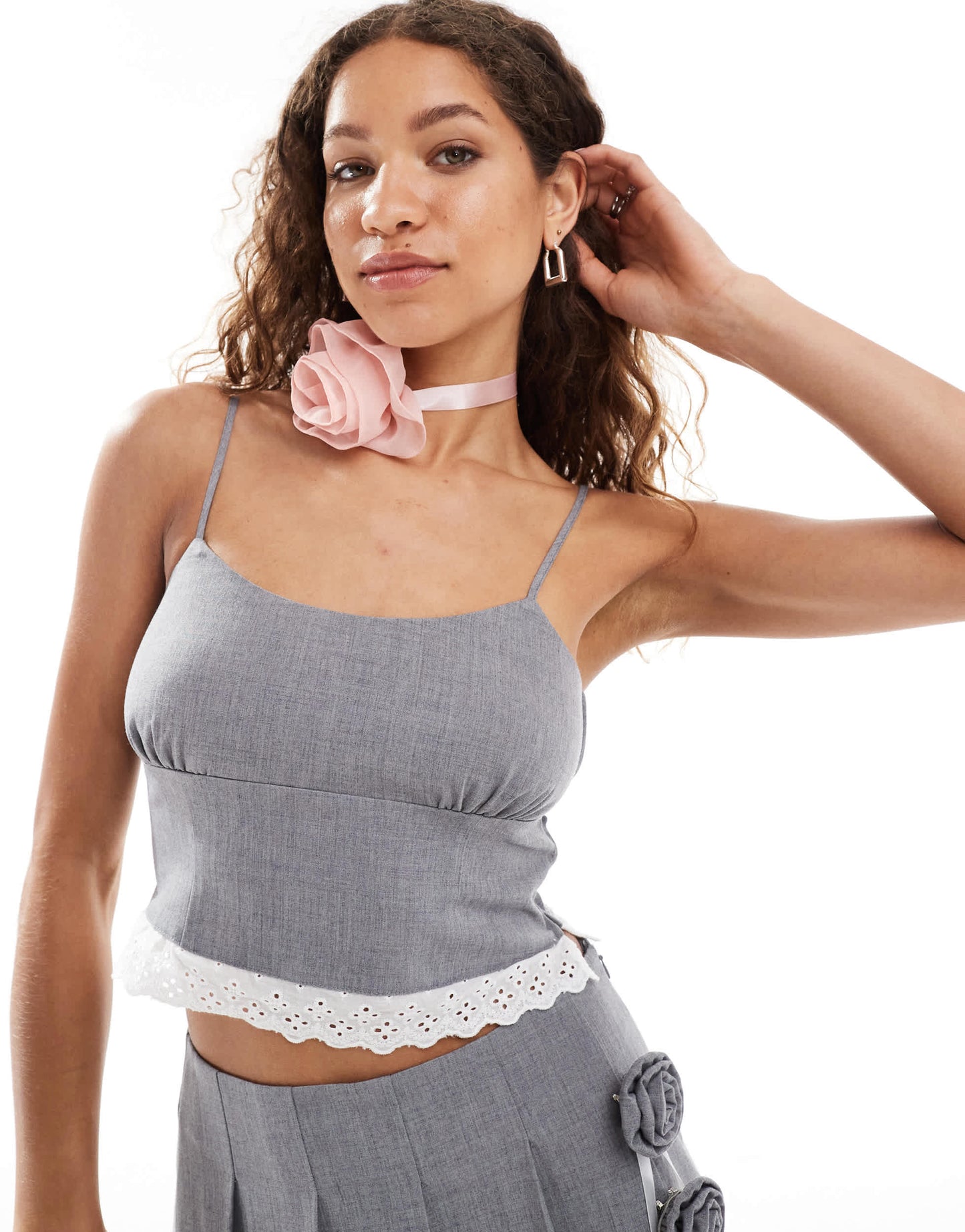 Reclaimed Vintage tailored cami top with lace trim in grey