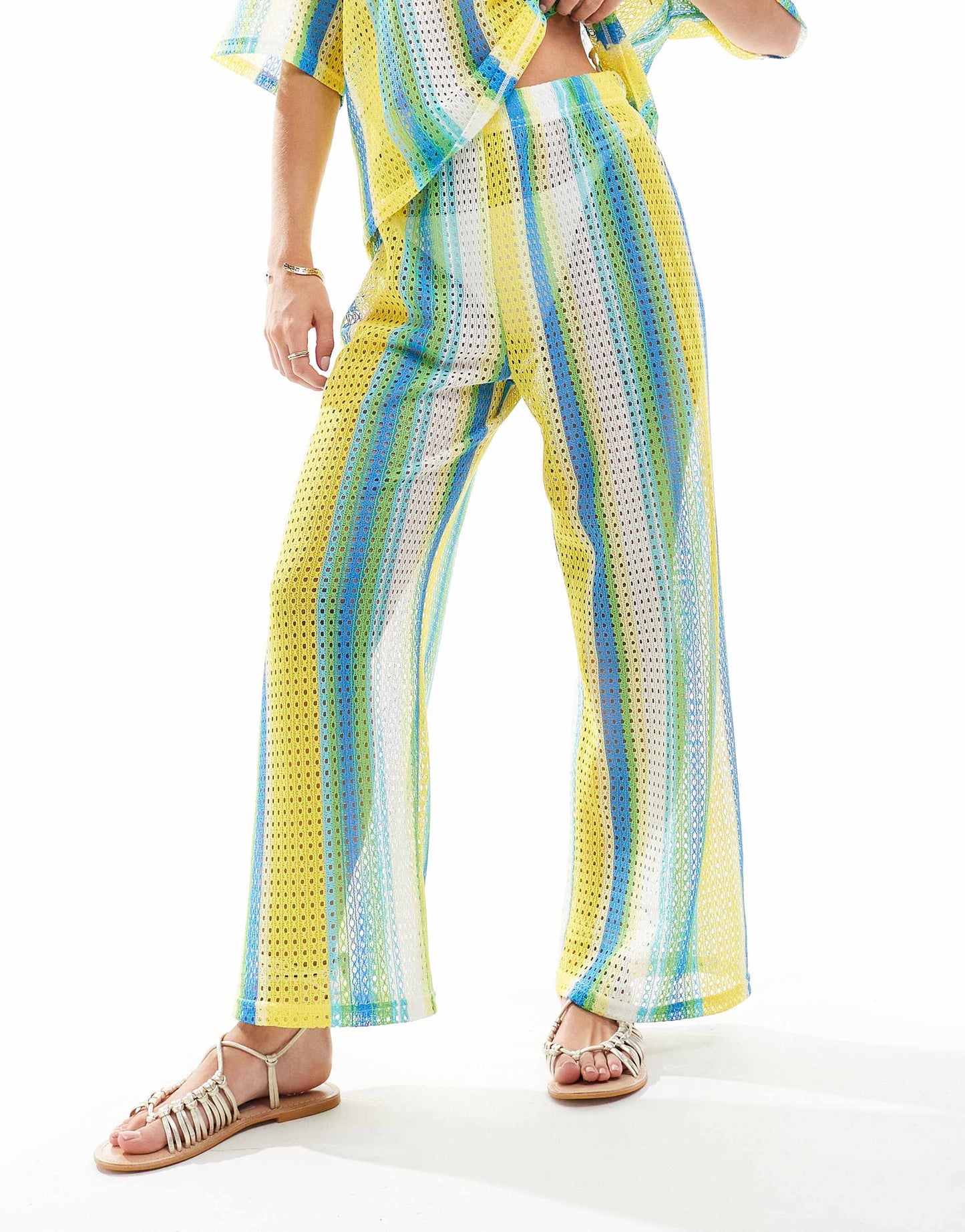 Extro & Vert Petite striped crochet trouser co-ord in multi stripe