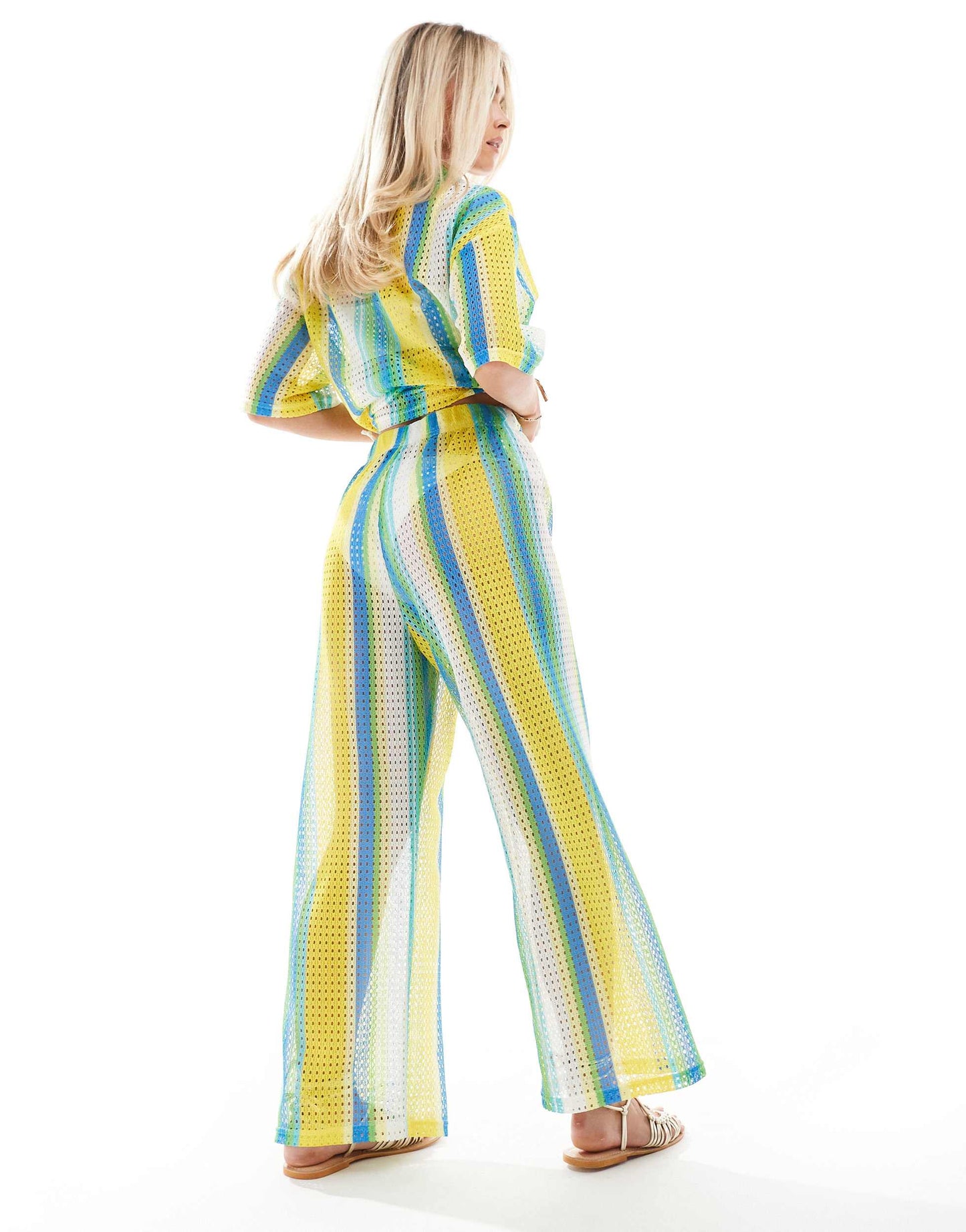 Extro & Vert Petite striped crochet trouser co-ord in multi stripe