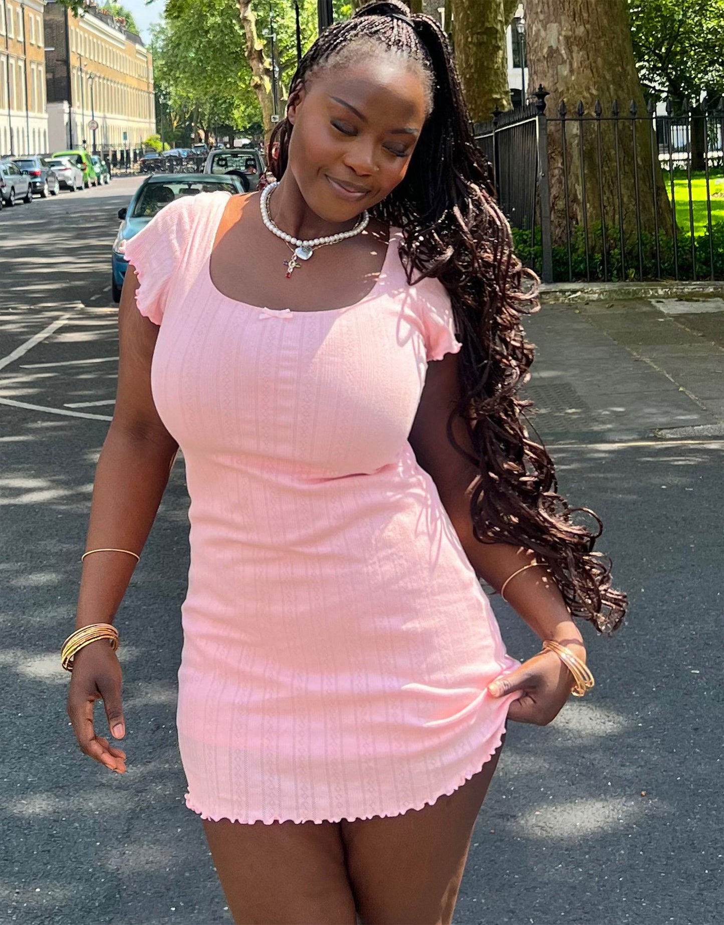 Labelrail x Sumbo Owoyele scoop neck bow detail pointelle mini dress in baby pink