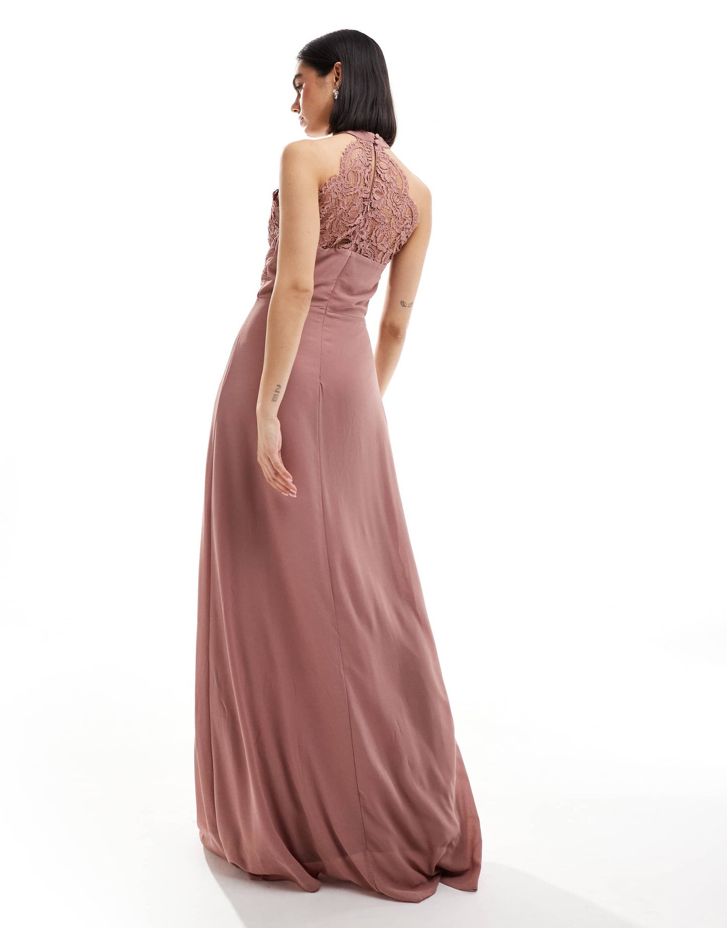TFNC Bridesmaids halterneck maxi dress with lace detail in mauve