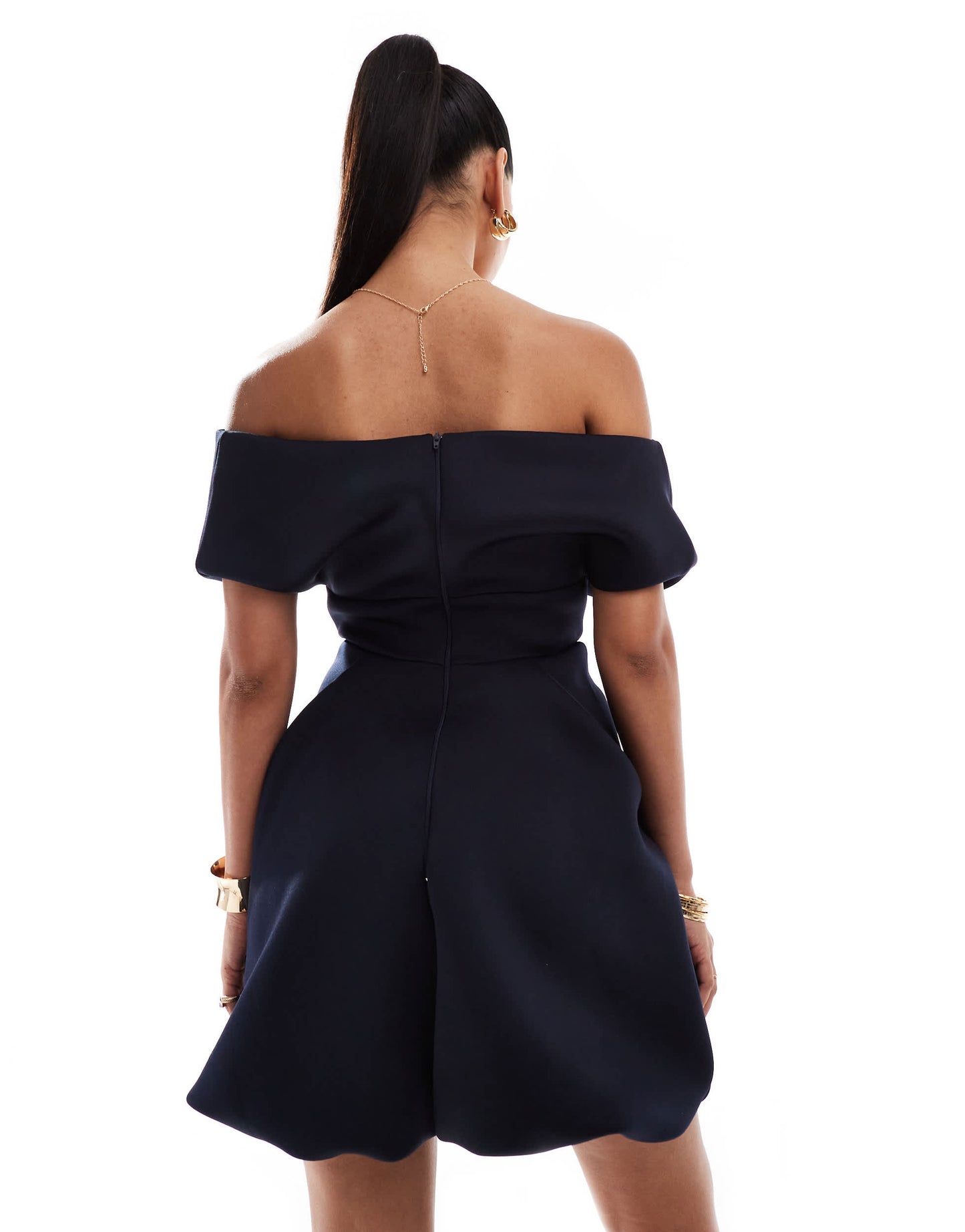 ASOS DESIGN off shoulder bubble mini dress in navy