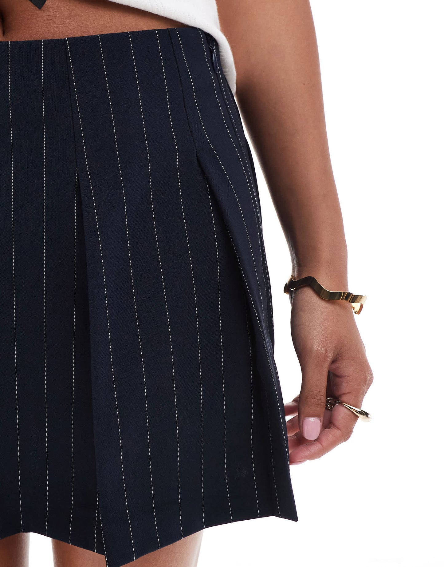 ASOS DESIGN Petite tailored pleated mini skirt in navy stripe