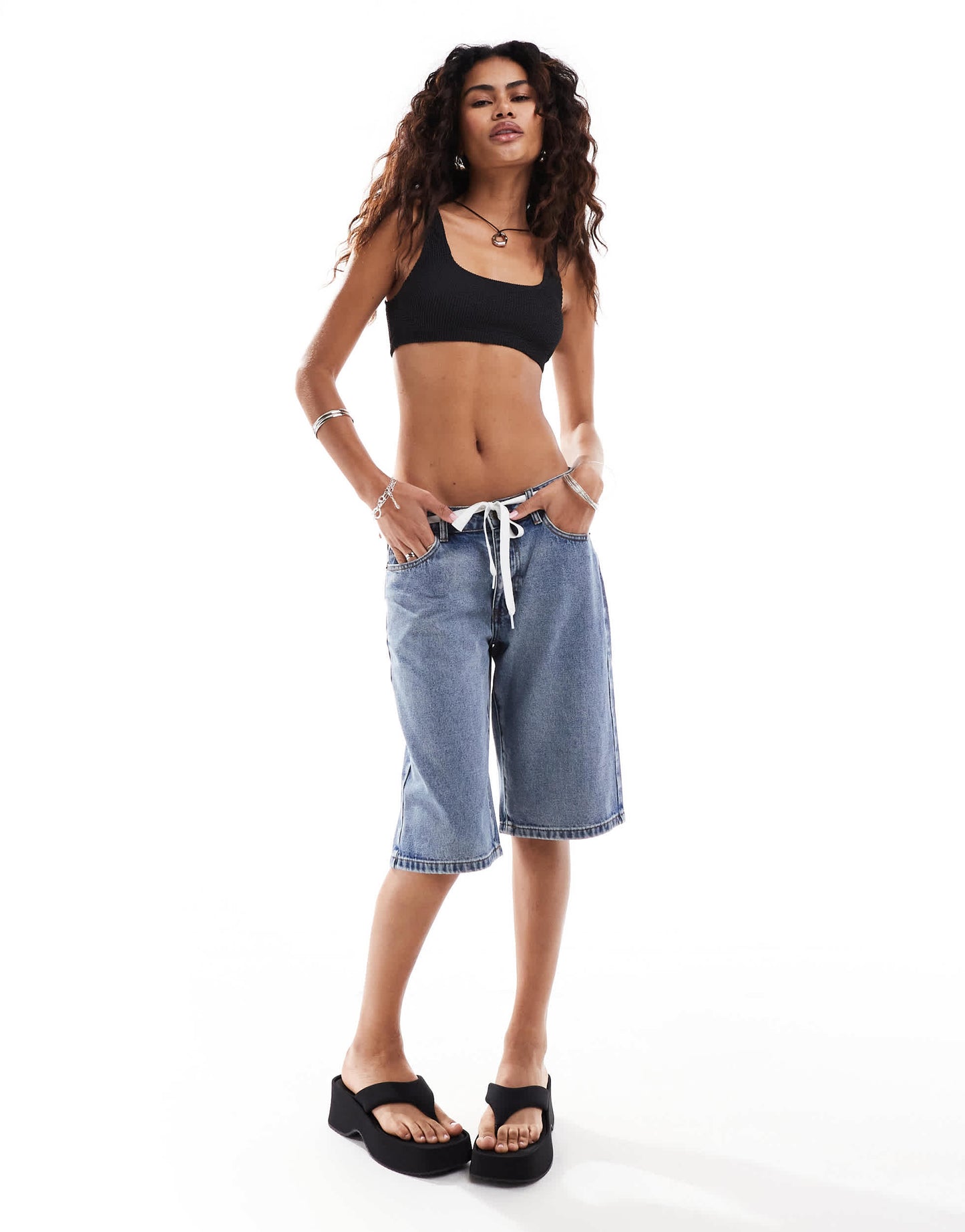 Monki textured crinkle scoop neck bikini top in black