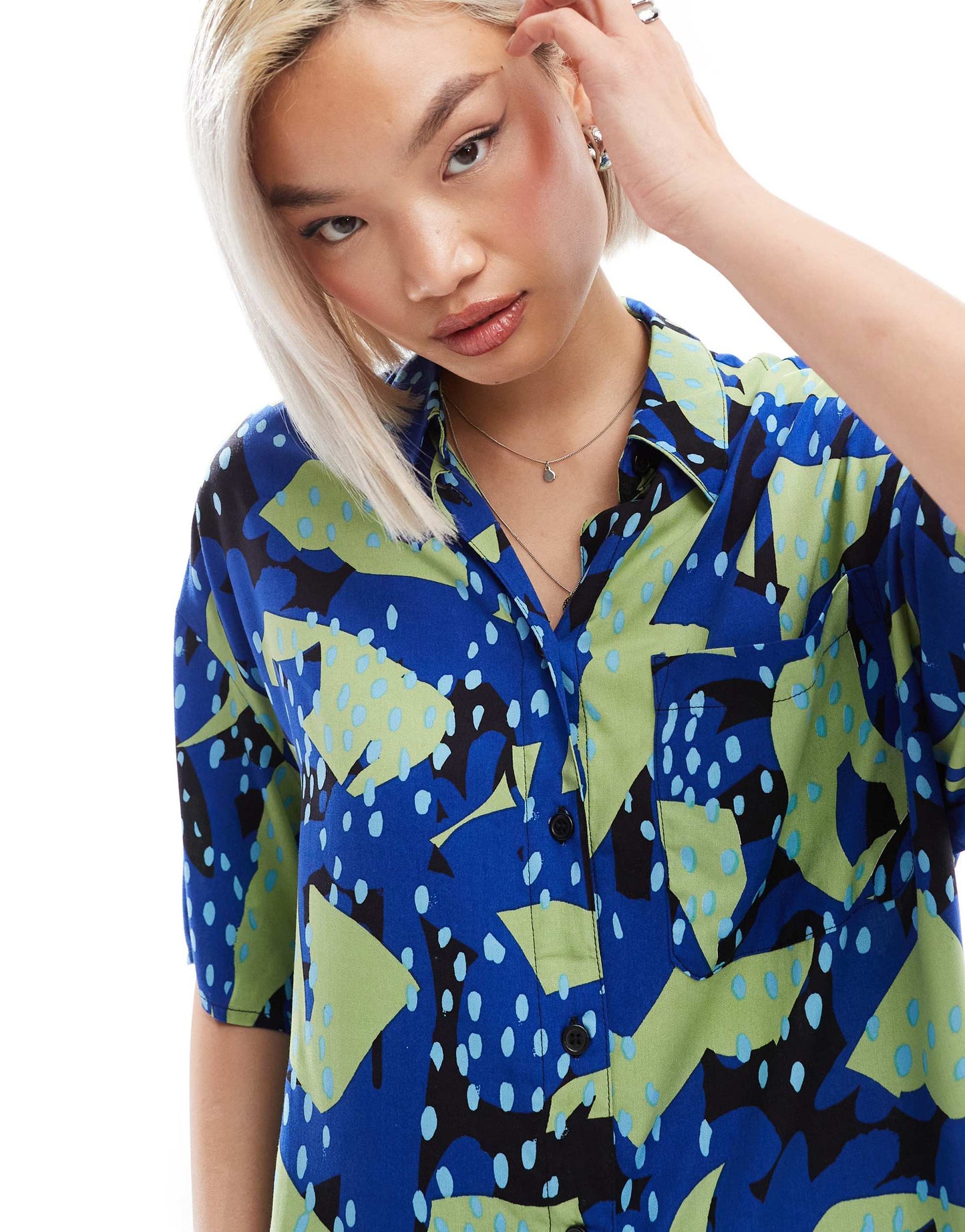 Monki short sleeve boxy shirt in blue and green collage print