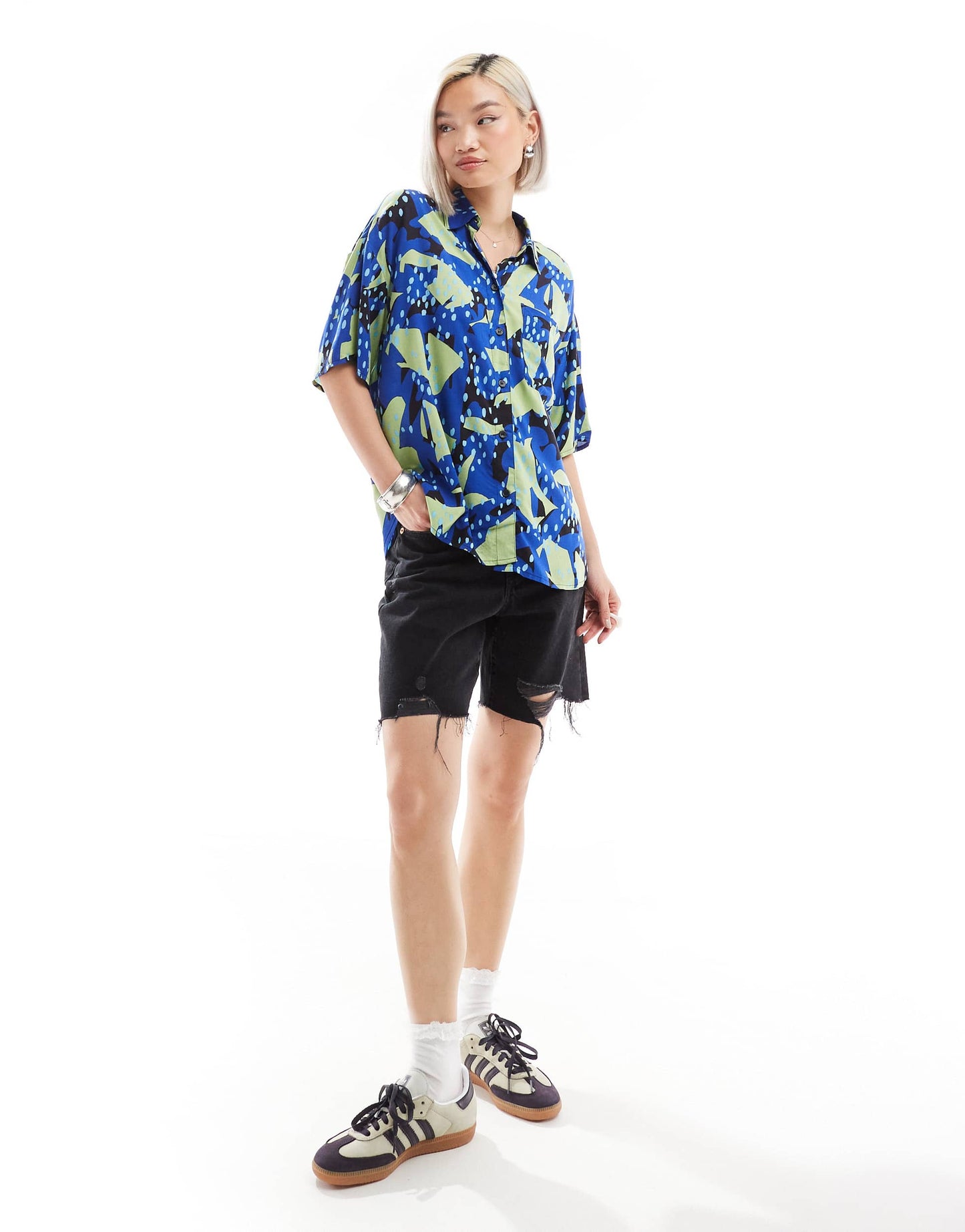 Monki short sleeve boxy shirt in blue and green collage print