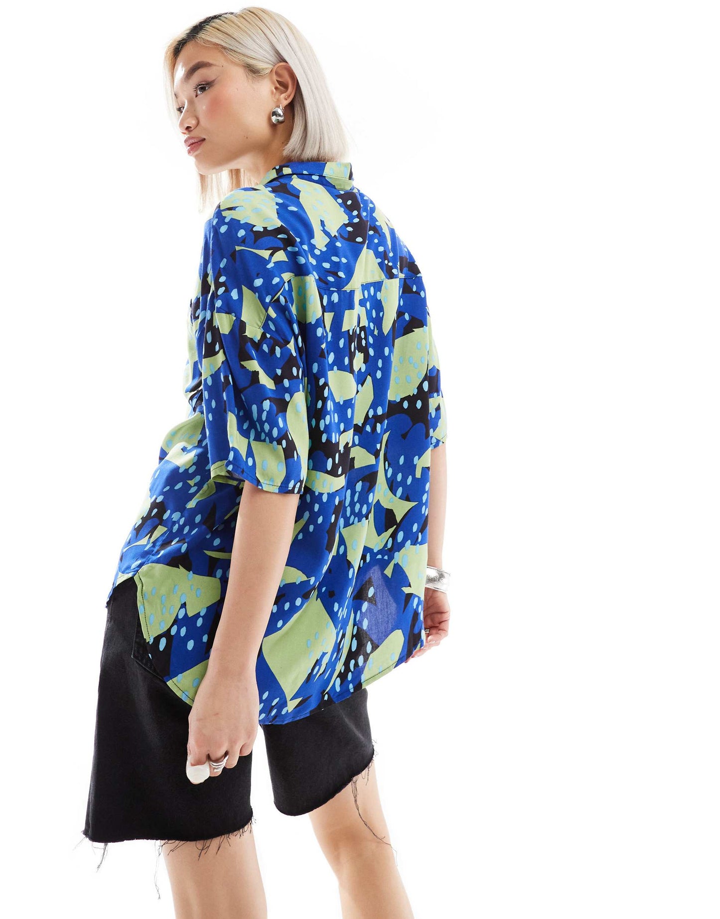 Monki short sleeve boxy shirt in blue and green collage print