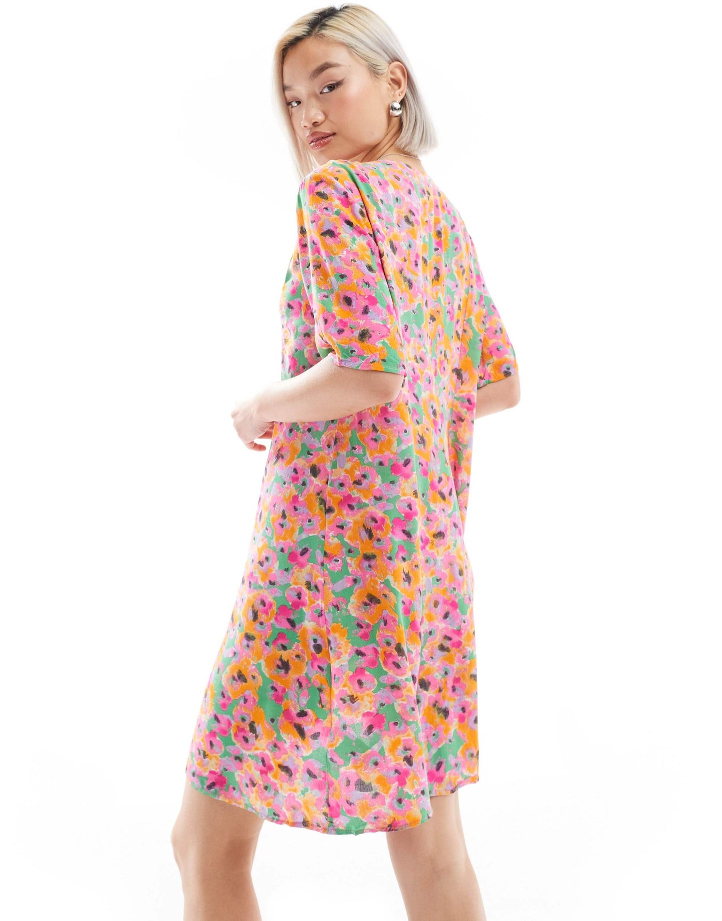 Monki button through mini dress in abstract floral print