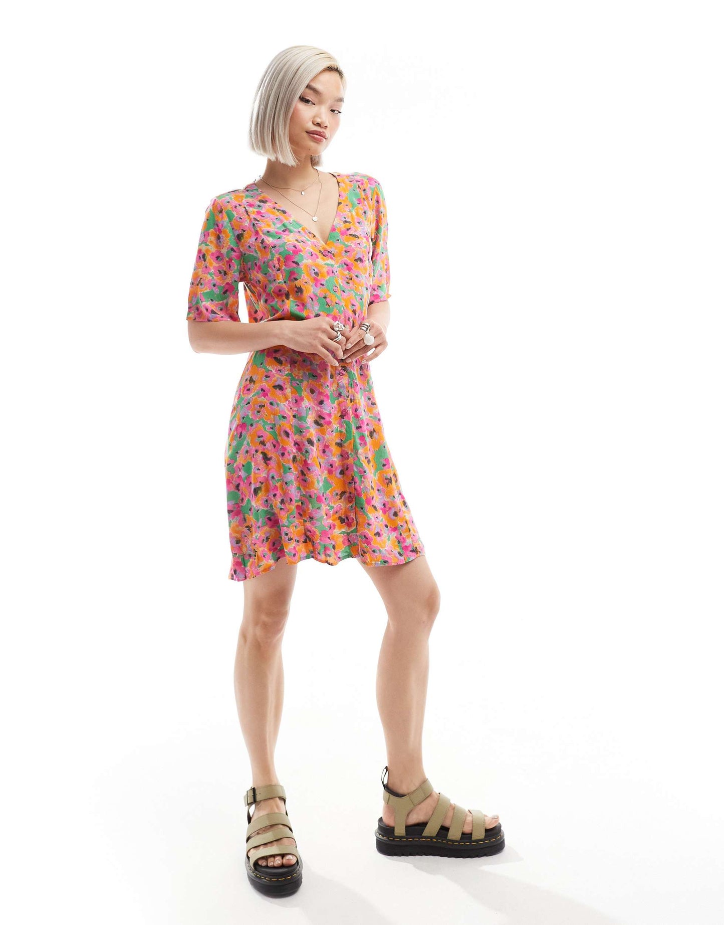 Monki button through mini dress in abstract floral print