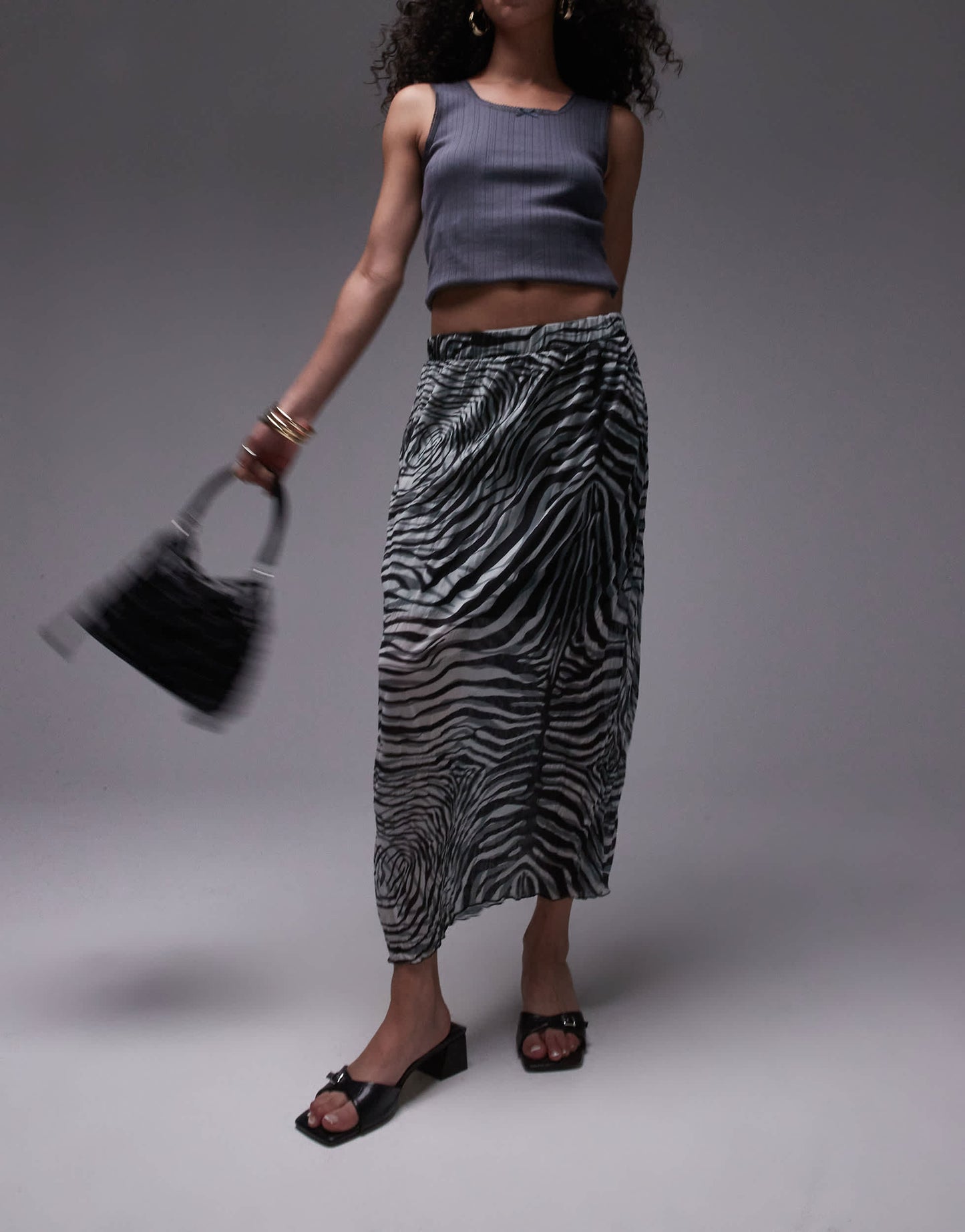 Topshop crinkle midi skirt in abstract print in mono