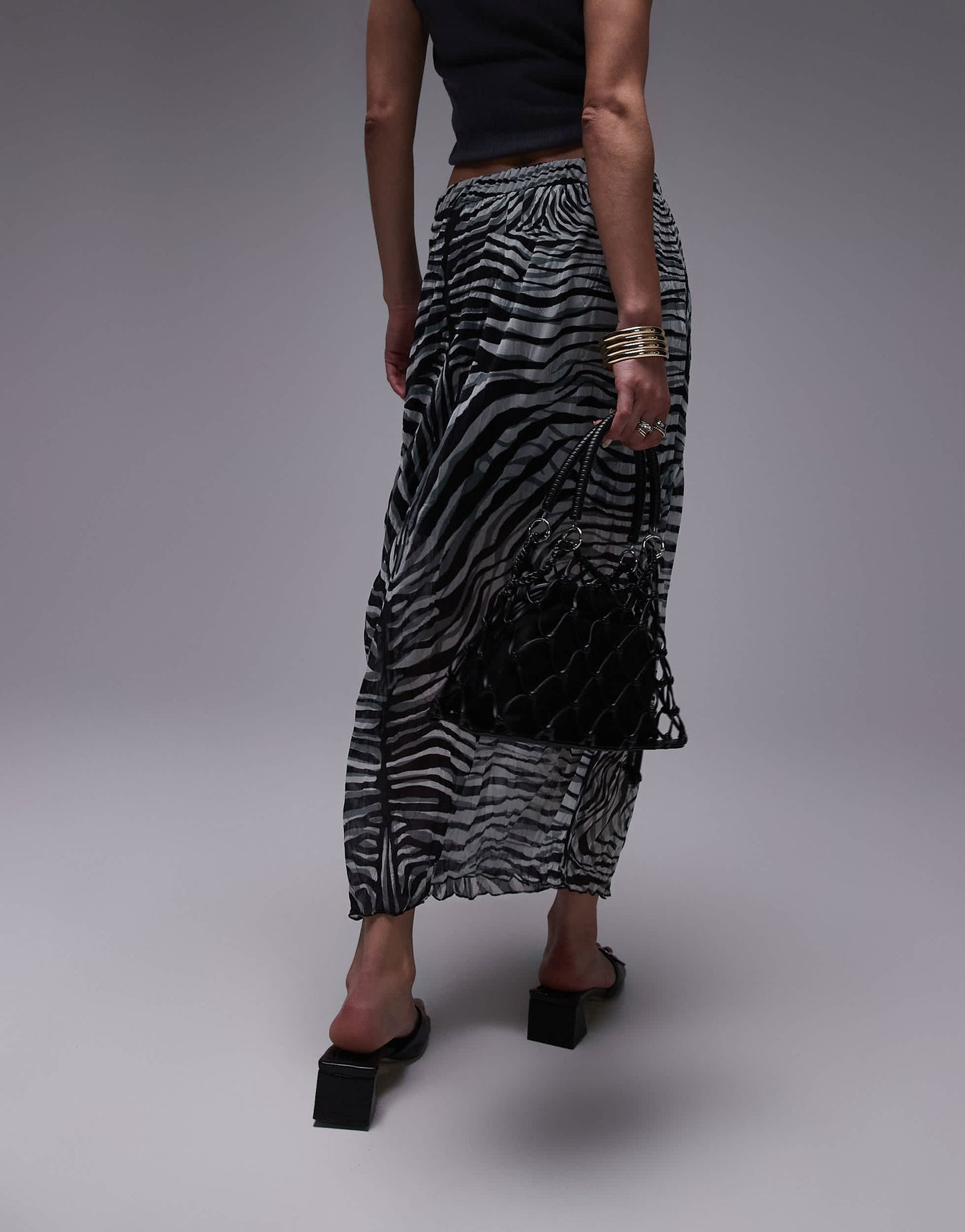 Topshop crinkle midi skirt in abstract print in mono